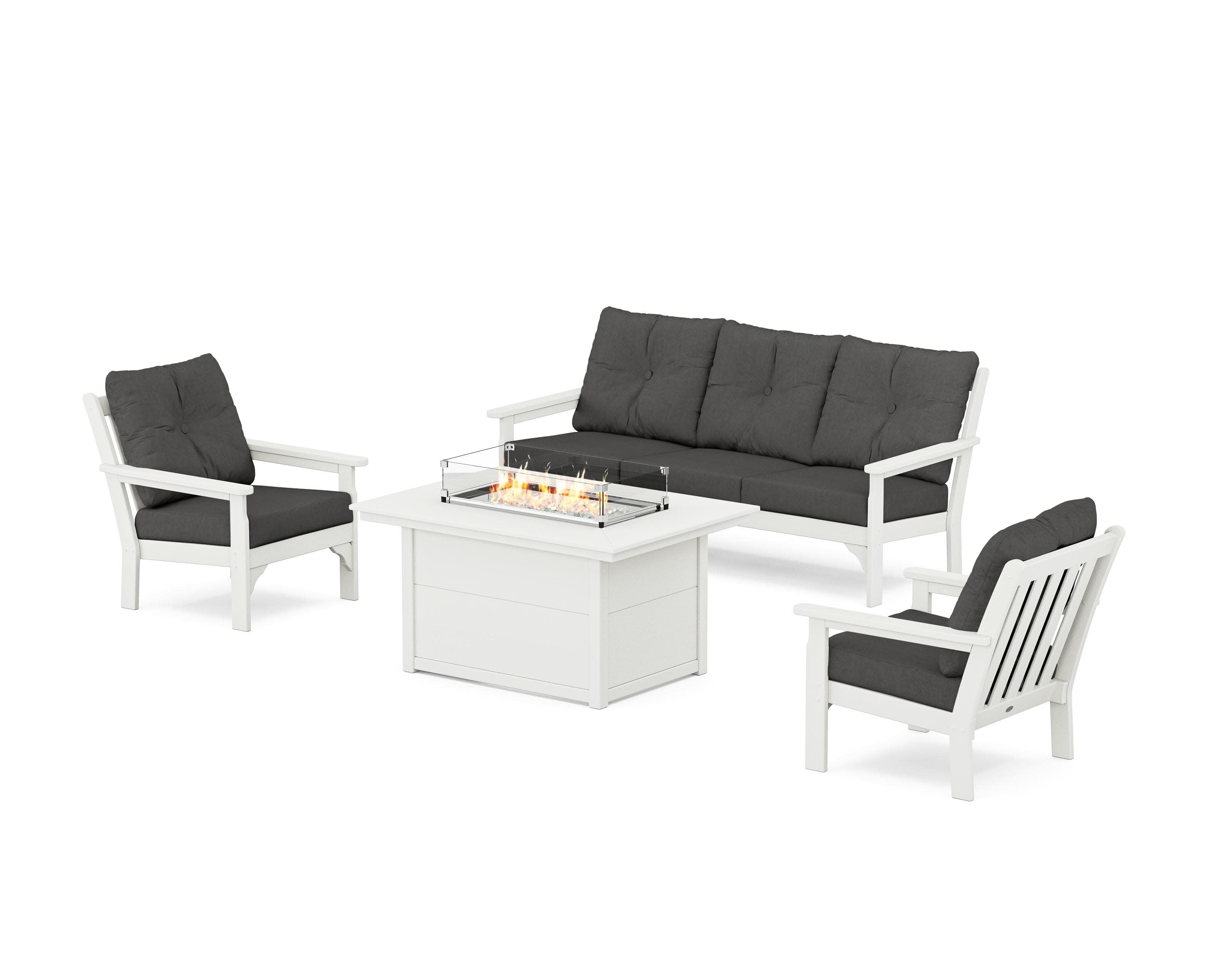 Vineyard Deep Seating Fire Pit Table Set in Vintage White / Spectrum Carbon