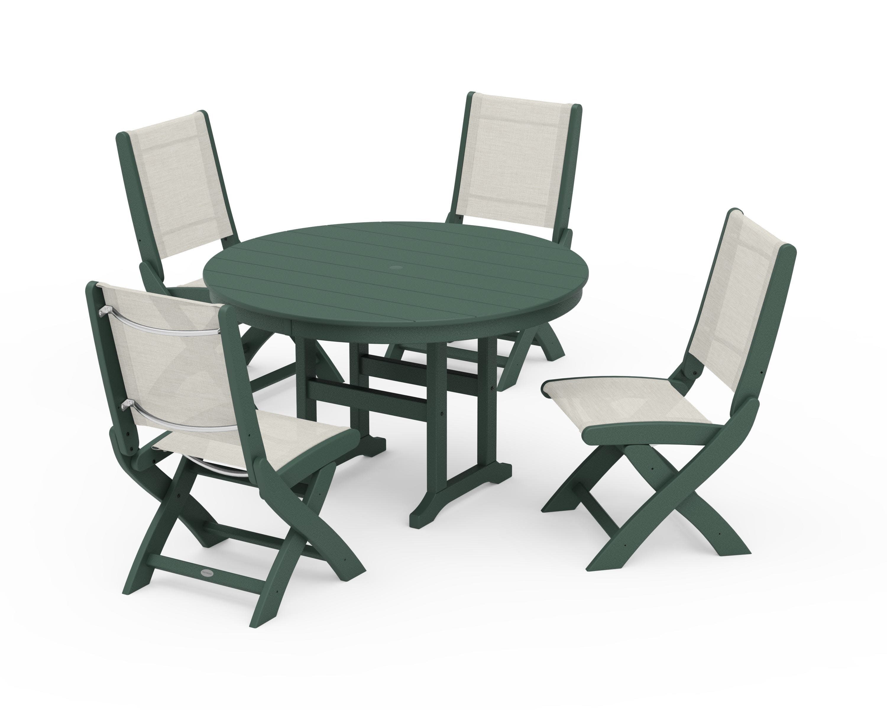 Coastal Folding Side Chair 5-Piece Round Dining Set in Green / Parchment Sling