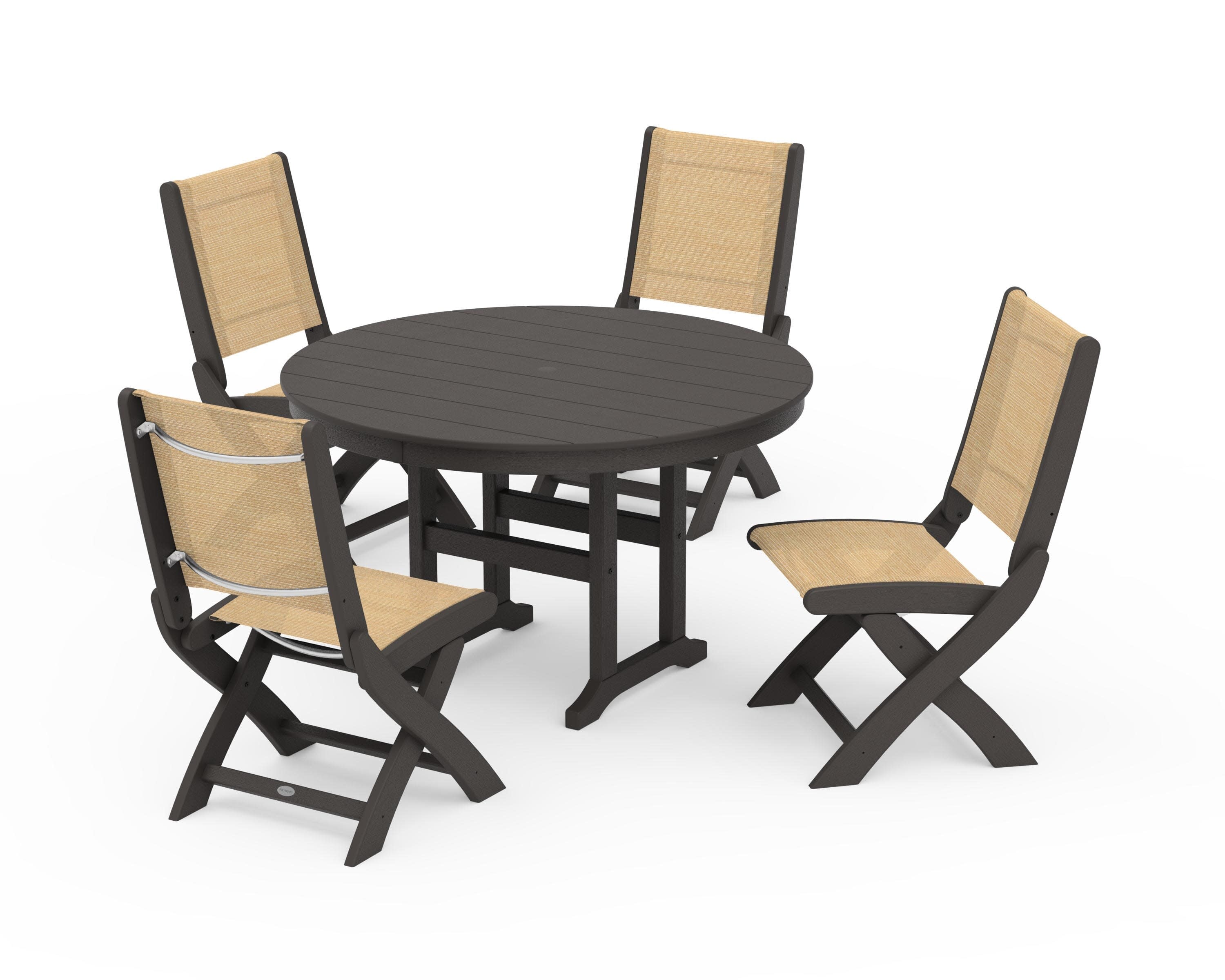 Coastal Folding Side Chair 5-Piece Round Dining Set in Vintage Coffee / Dupioni Apricot Sling