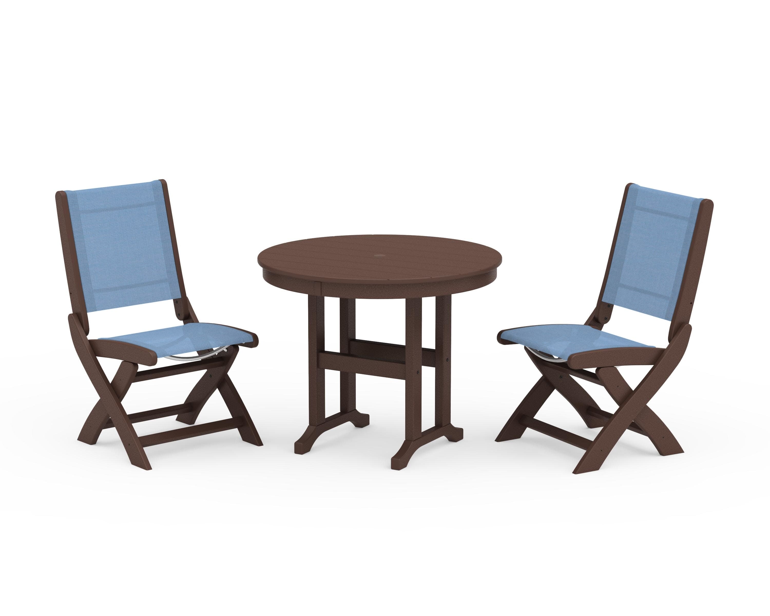 Coastal Folding Side Chair 3-Piece Round Dining Set in Mahogany / Poolside Sling