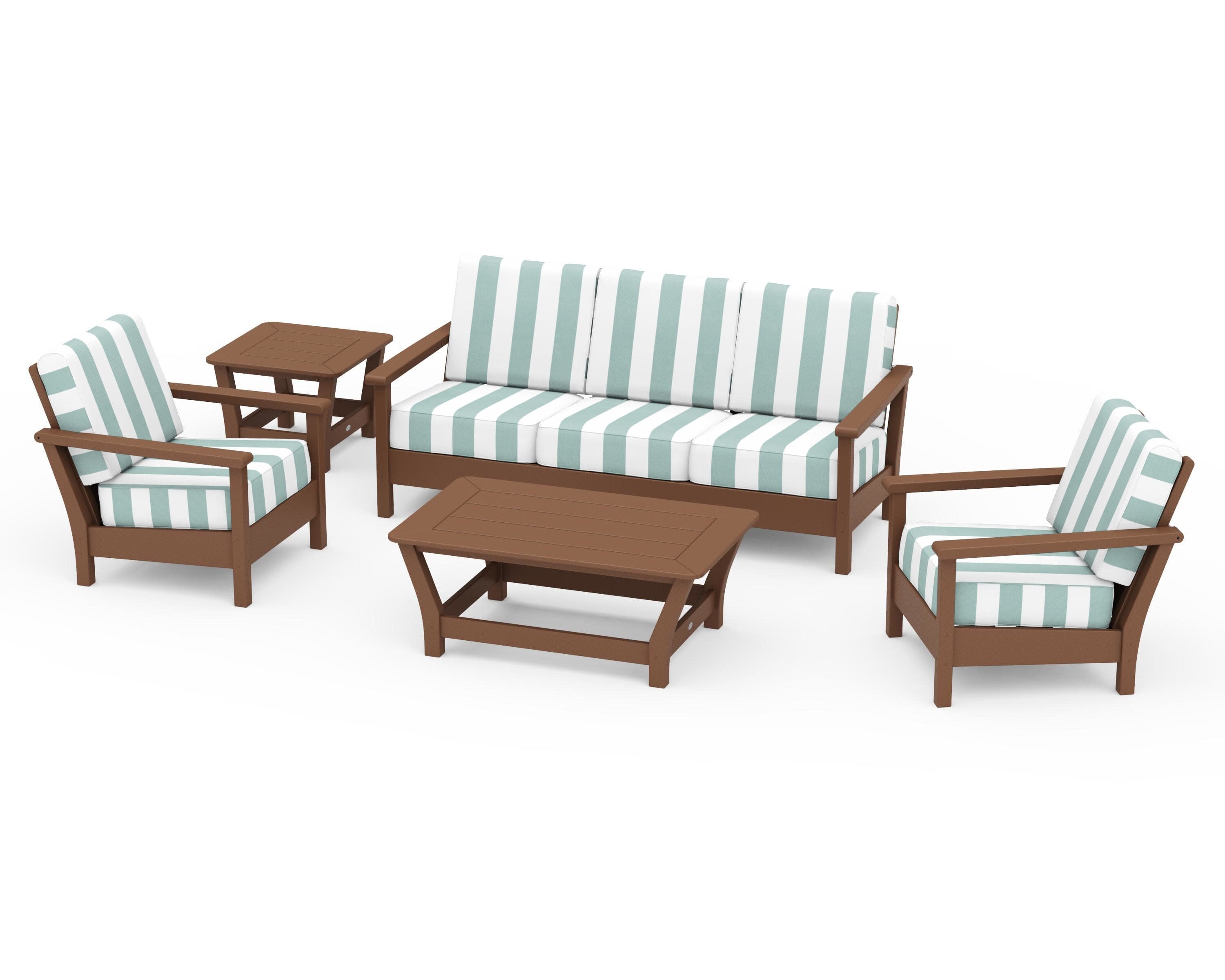 Harbour 5-Piece Deep Seating Set in Teak / Cabana Stripe Glacier Spa