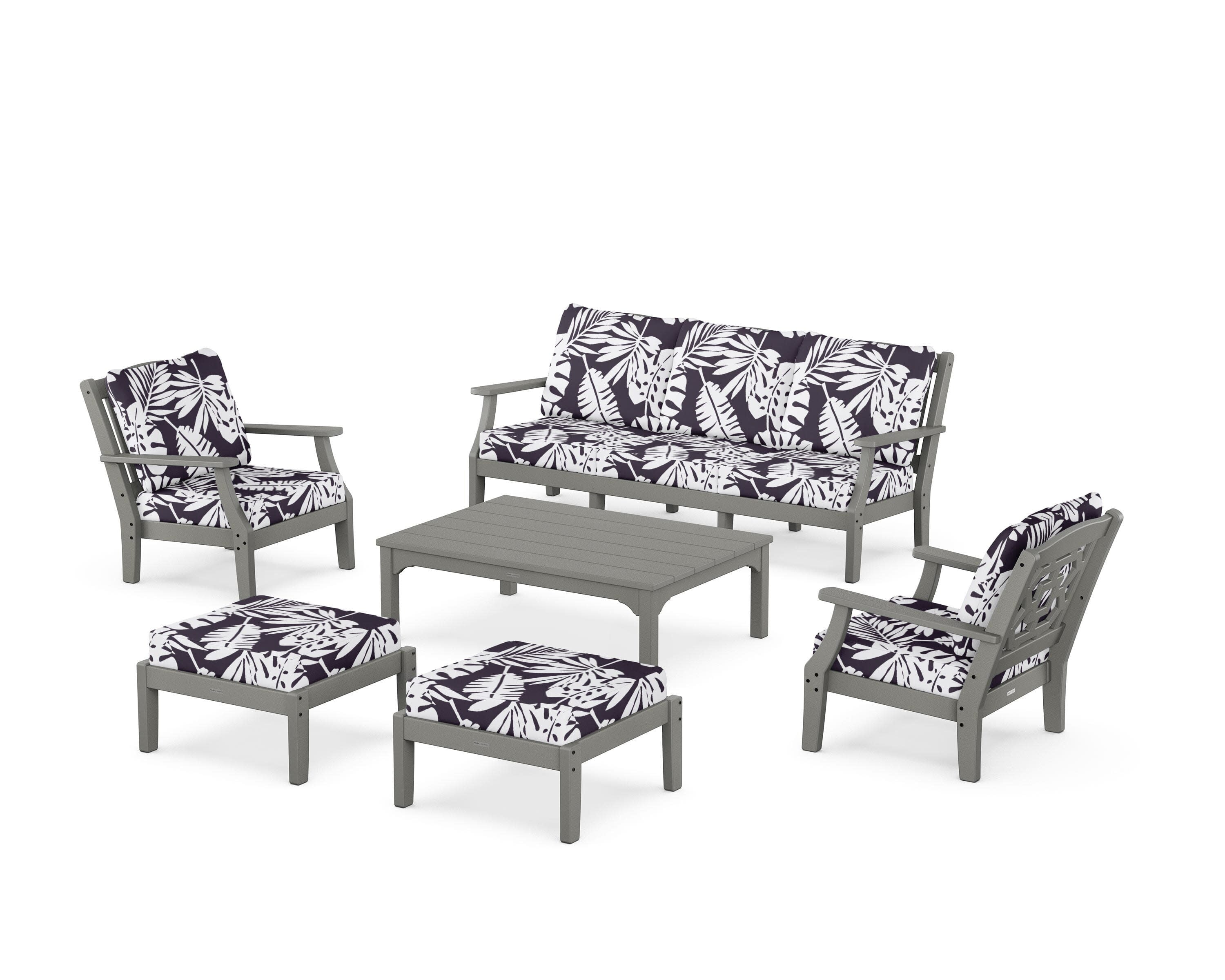 Chinoiserie 6-Piece Lounge Sofa Set in Slate Grey / Leaf Navy