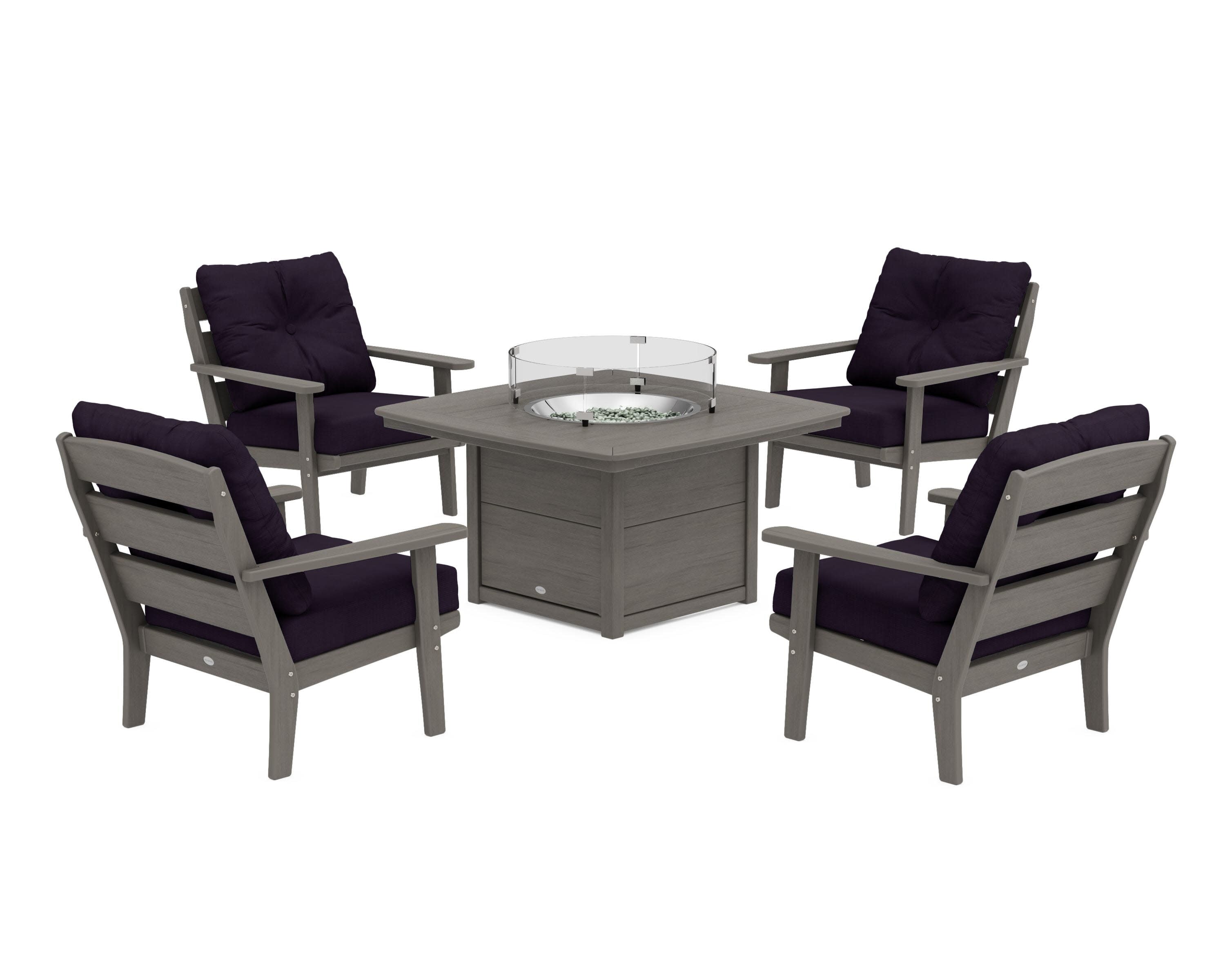 Lakeside 5-Piece Deep Seating Set with Nautical Fire Pit Table in Driftwood / Navy Linen