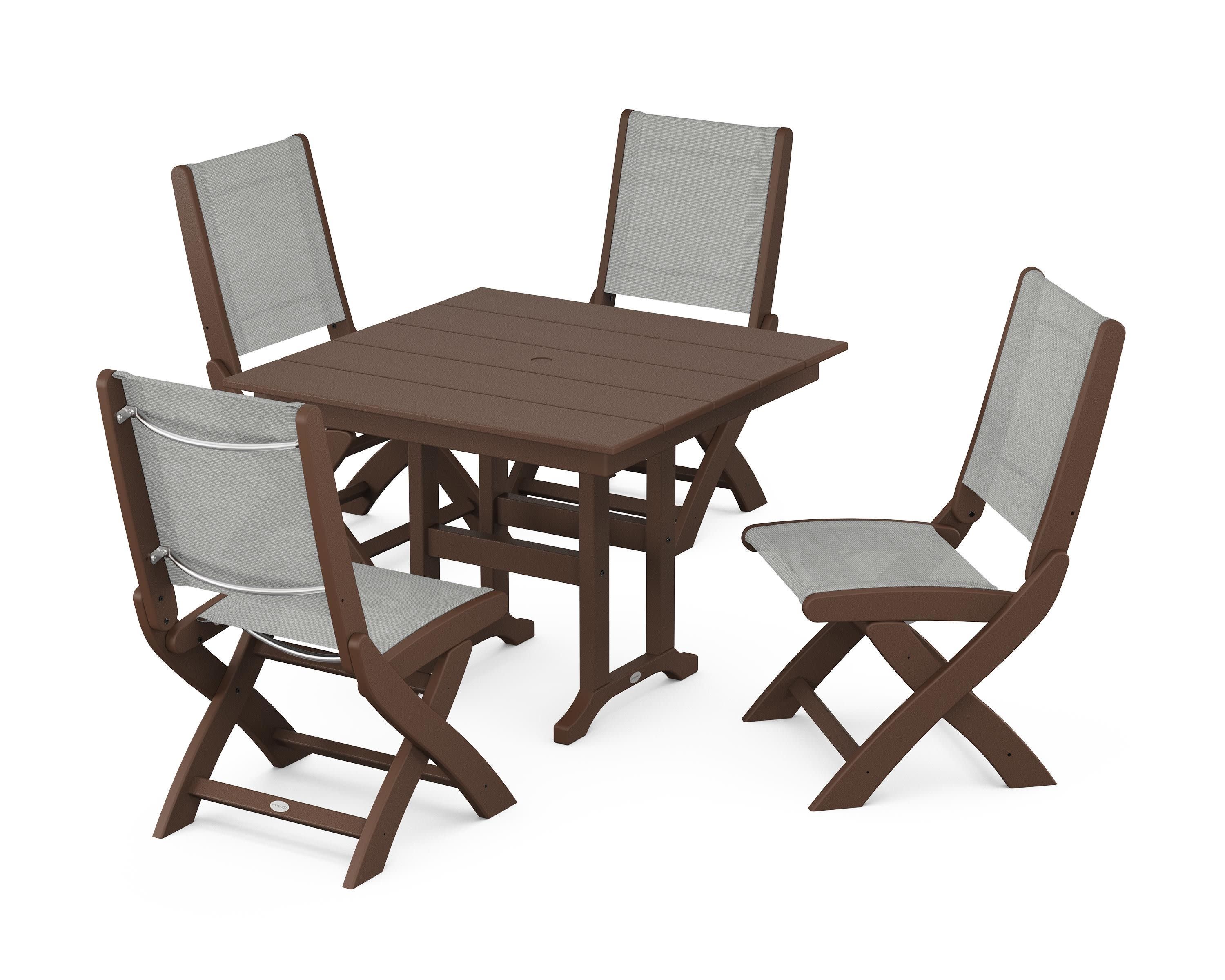 Coastal Folding Side Chair 5-Piece Farmhouse Dining Set in Mahogany / Metallic Sling