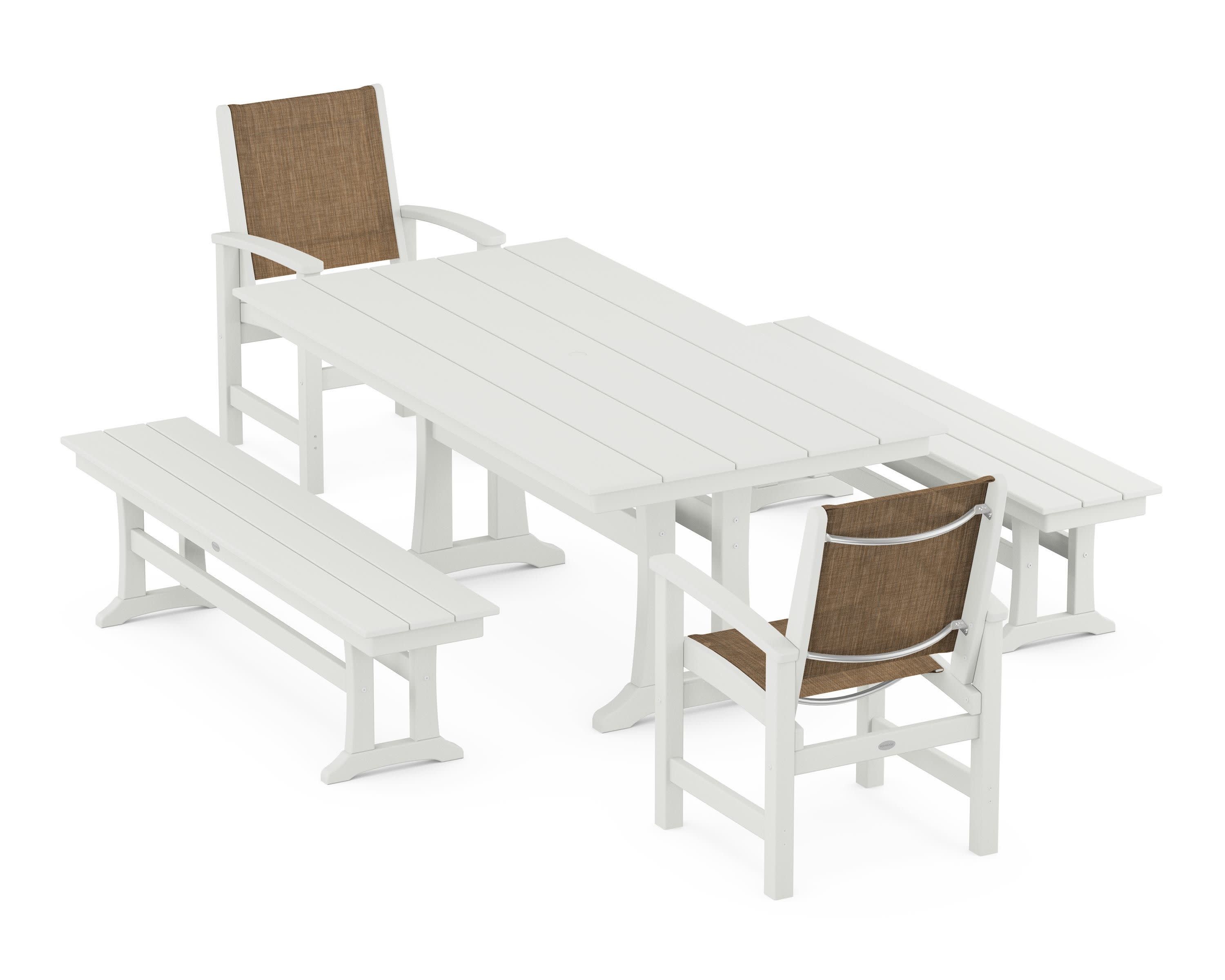 Coastal 5-Piece Farmhouse Dining Set with Trestle Legs and Benches in Vintage White / Burlap Sling