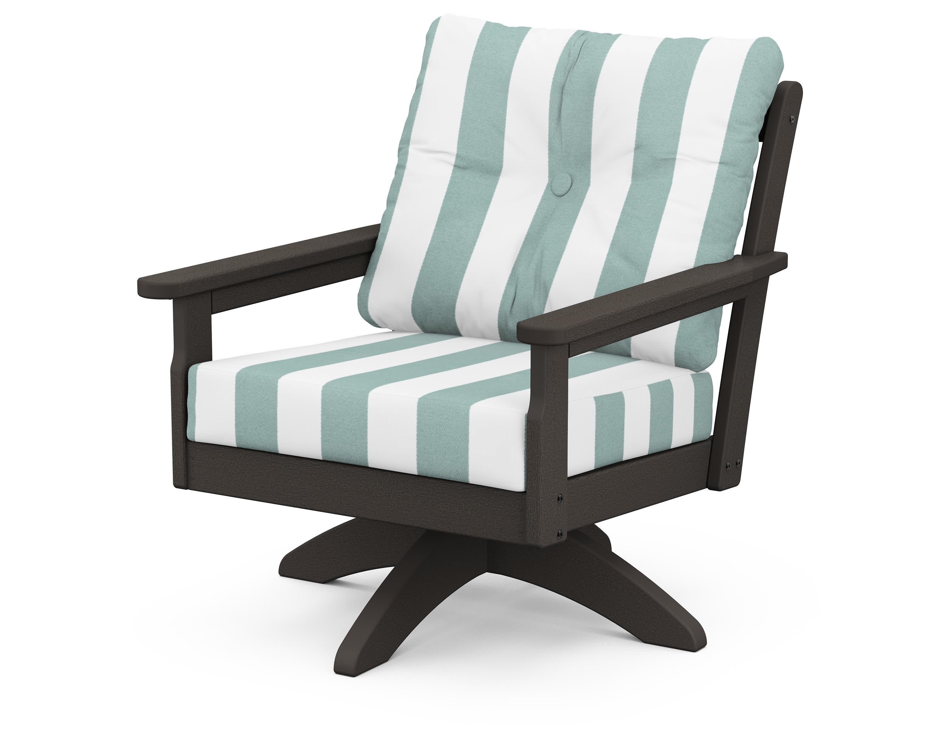 Vineyard Deep Seating Swivel Chair in Vintage Coffee / Cabana Stripe Glacier Spa