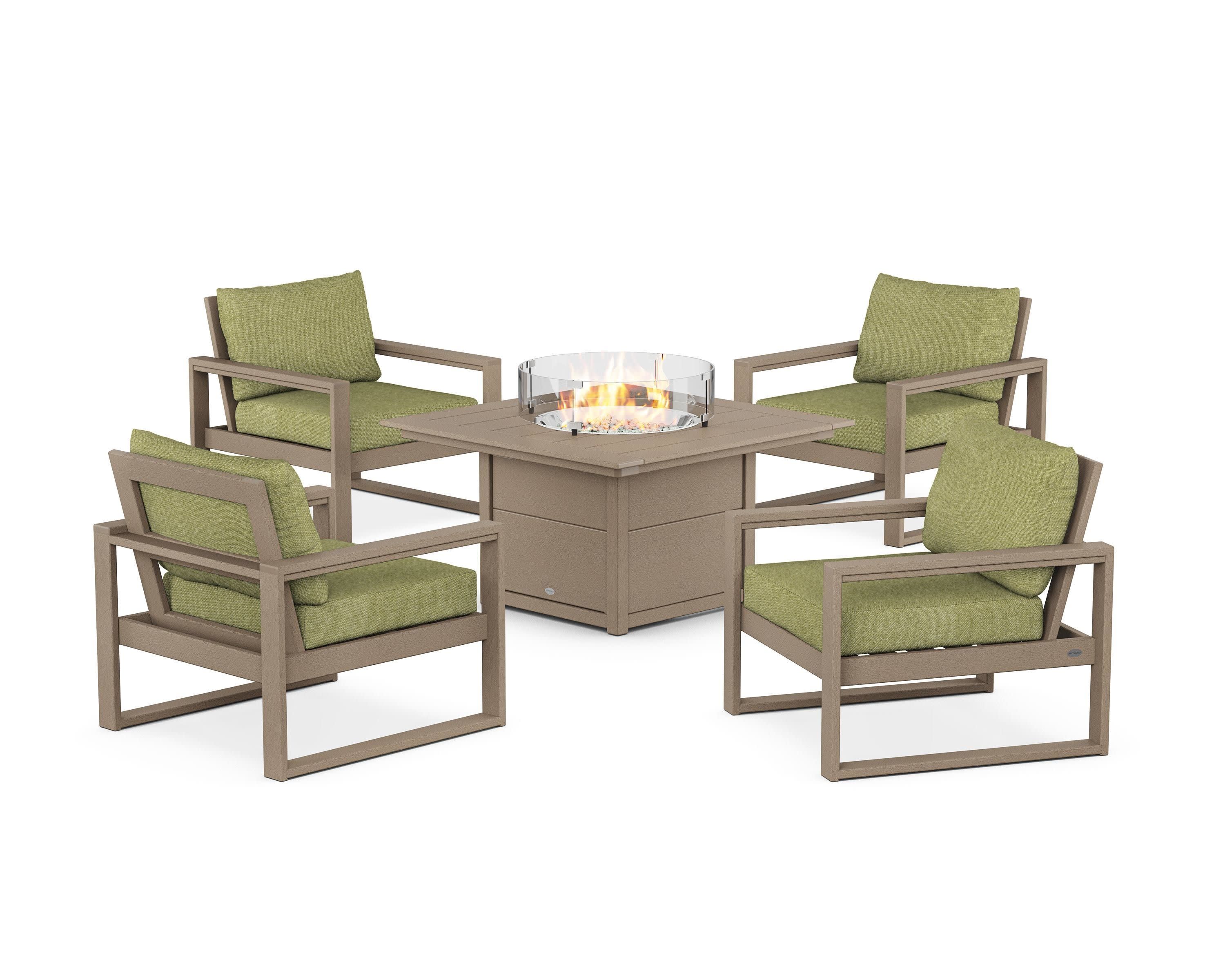 EDGE Sectional 5-Piece Deep Seating Set with Fire Pit Table in Vintage Sahara / Chartreuse Boucle