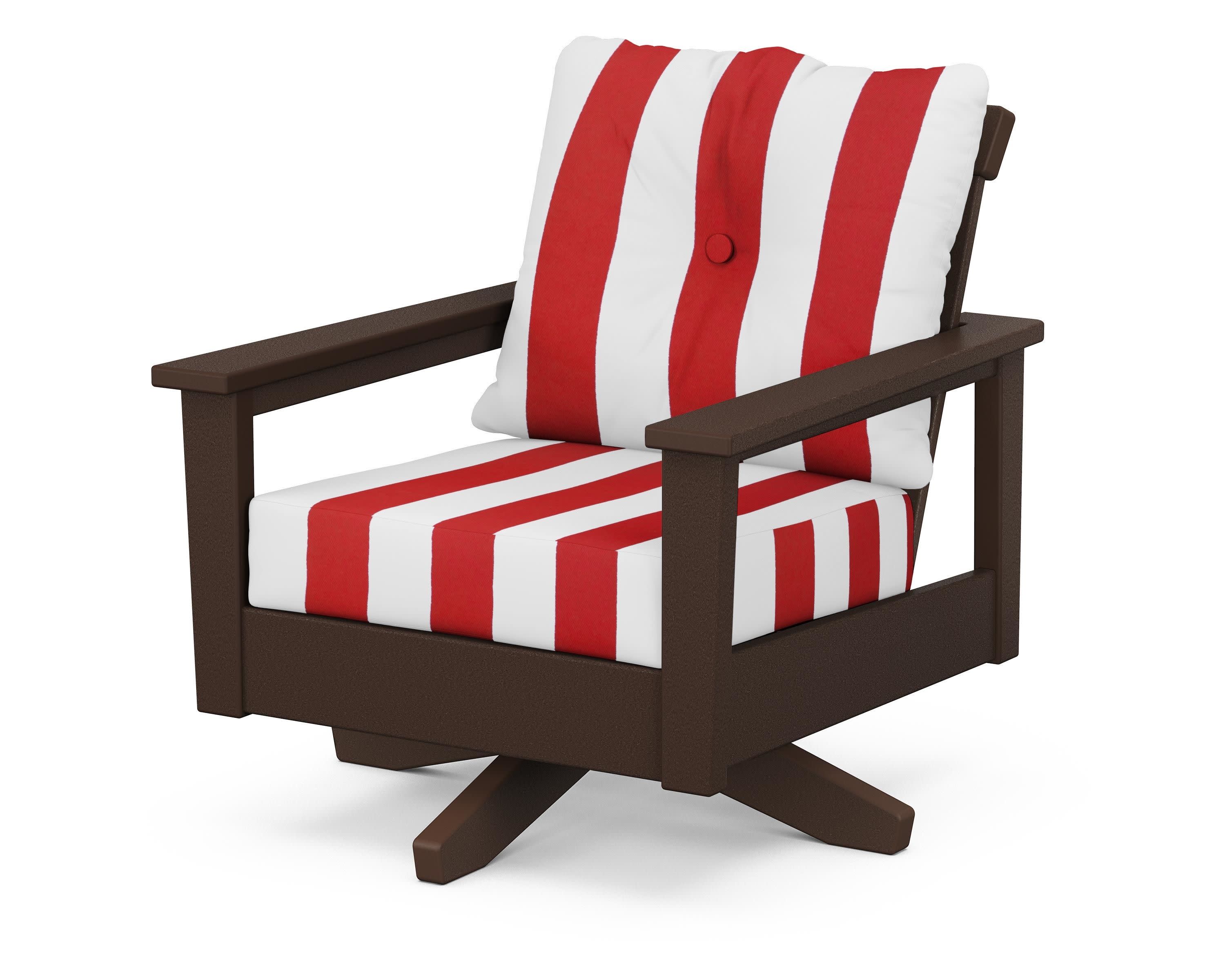 Prescott Deep Seating Swivel Chair in Mahogany / Cabana Stripe Crimson