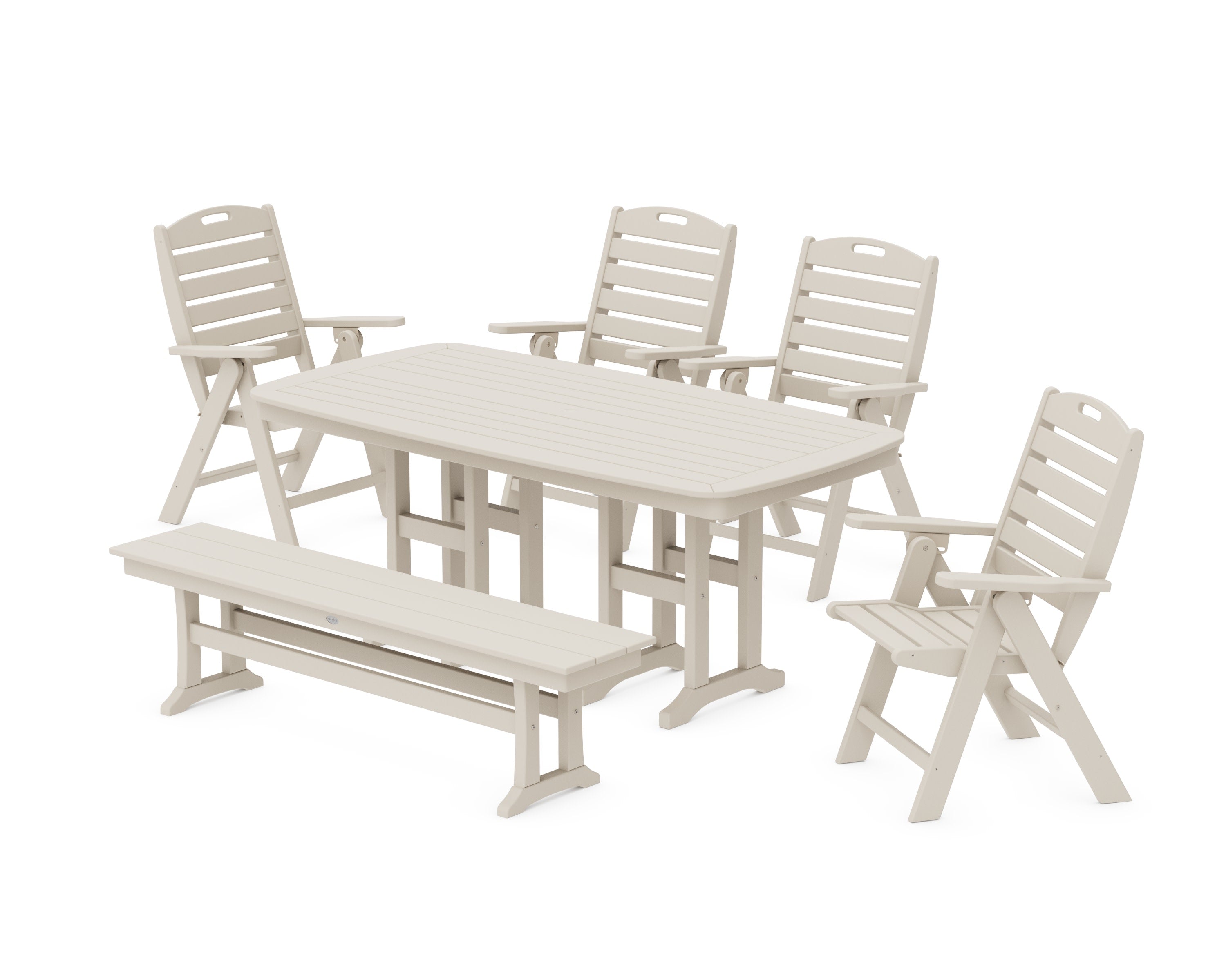 Nautical Highback 6-Piece Dining Set with Bench in Sand