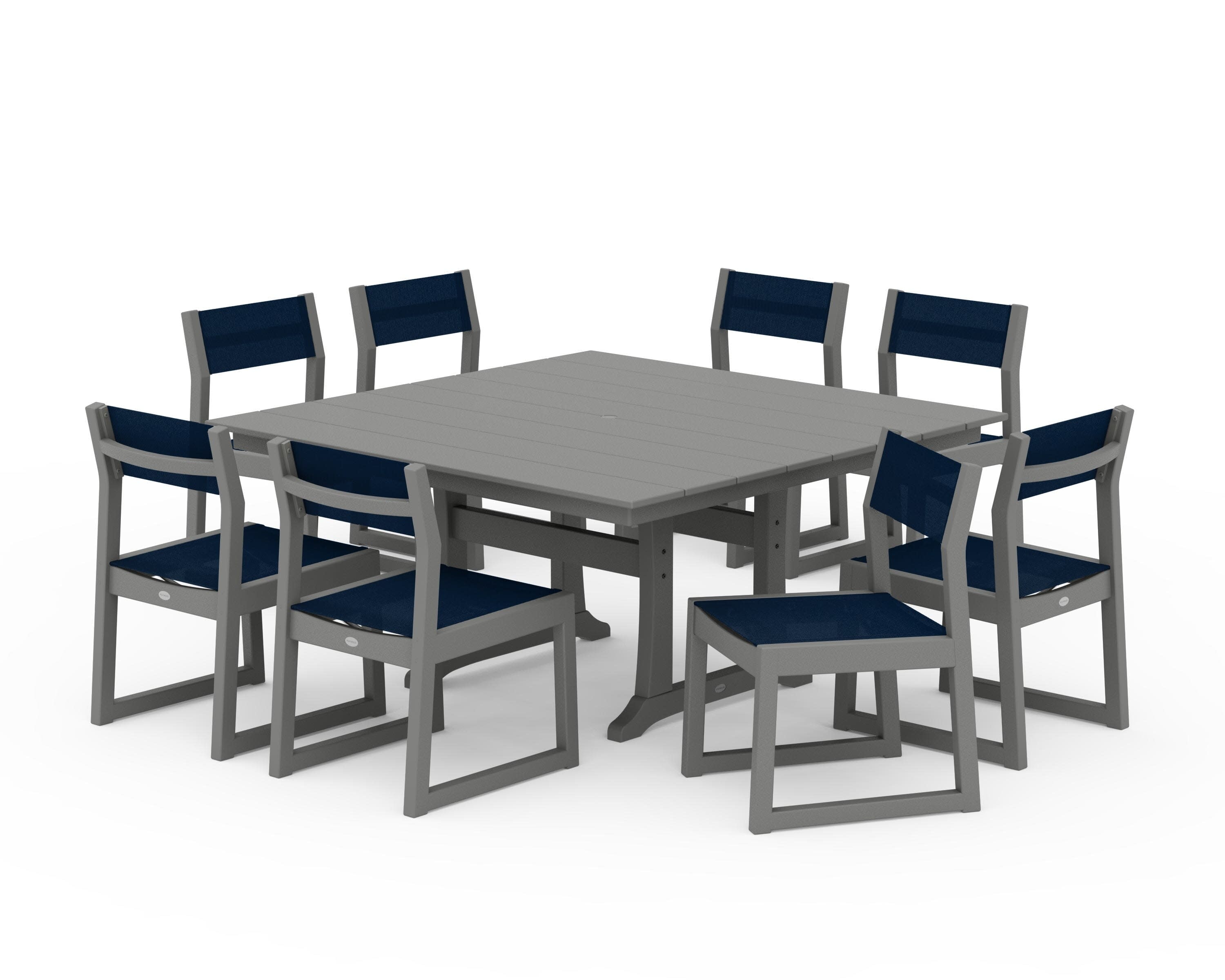EDGE Sling Side Chair 9-Piece Farmhouse Trestle Dining Set in Slate Grey / Navy Blue Sling