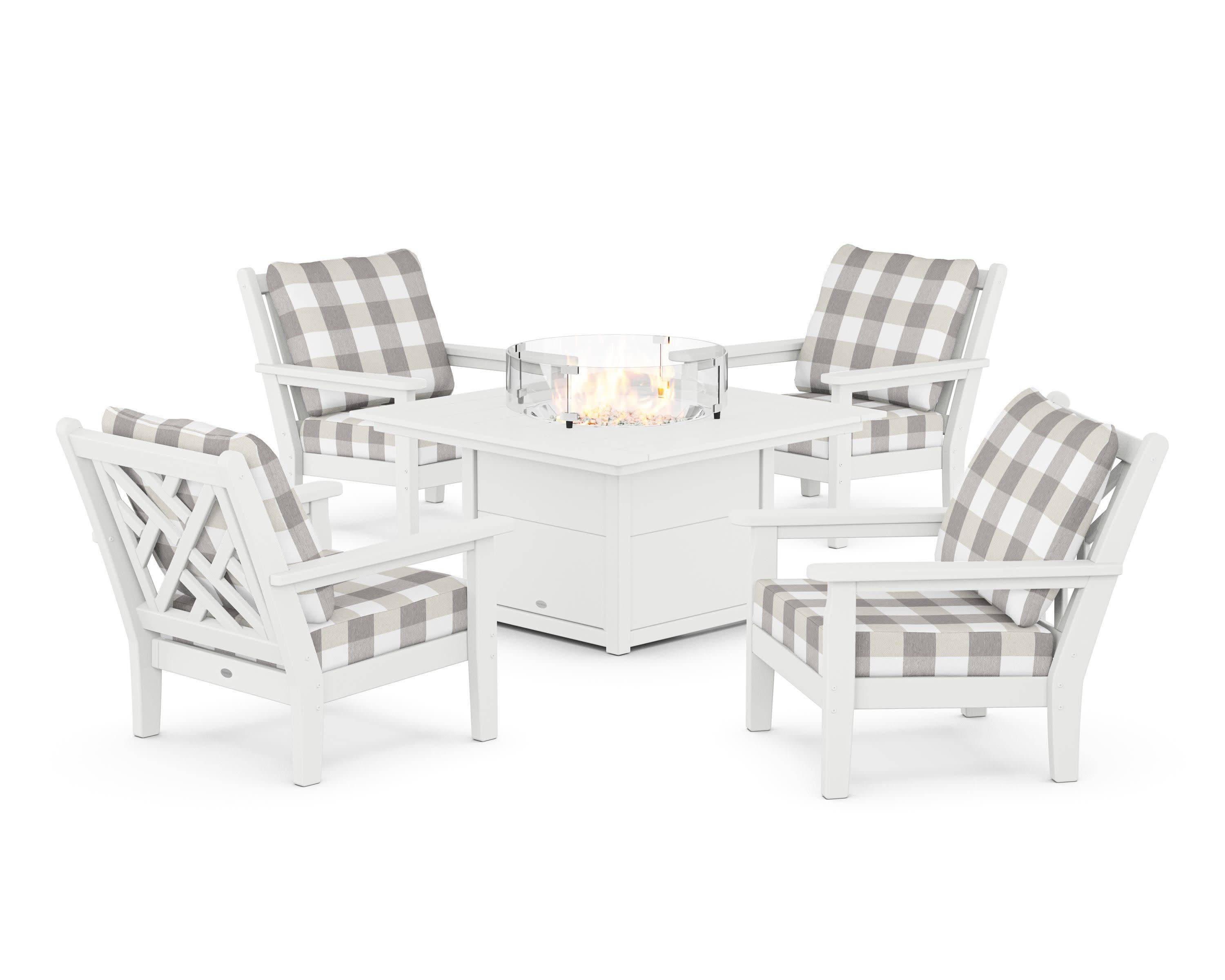 Chippendale 5-Piece Deep Seating Set with Fire Pit Table in White / Buffalo Plaid Grey Mist