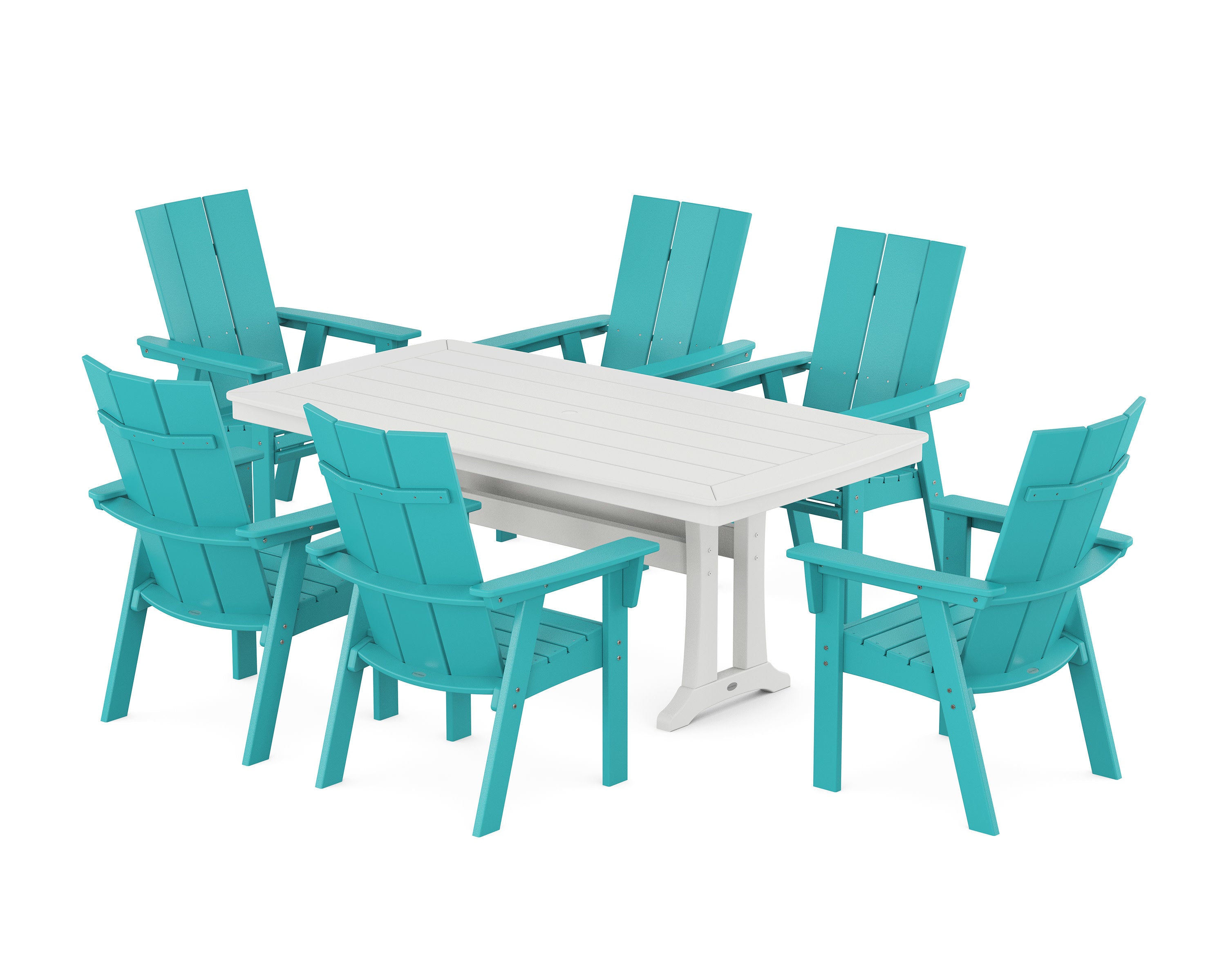 Modern Curveback Adirondack 7-Piece Dining Set with Trestle Legs in Aruba / White