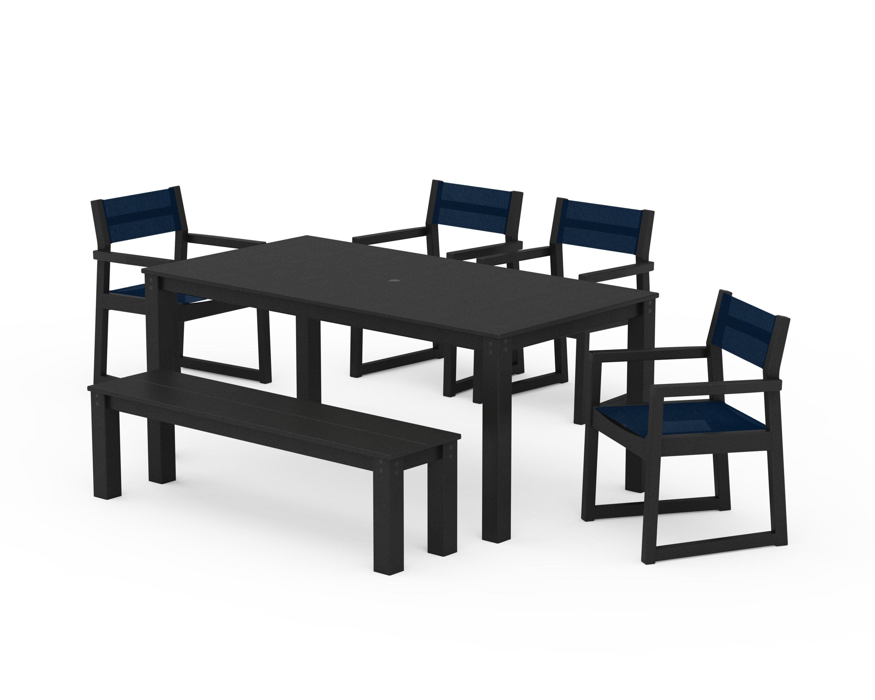 EDGE Sling Arm Chair 6-Piece Parsons Dining Set with Bench in Black / Navy Blue Sling