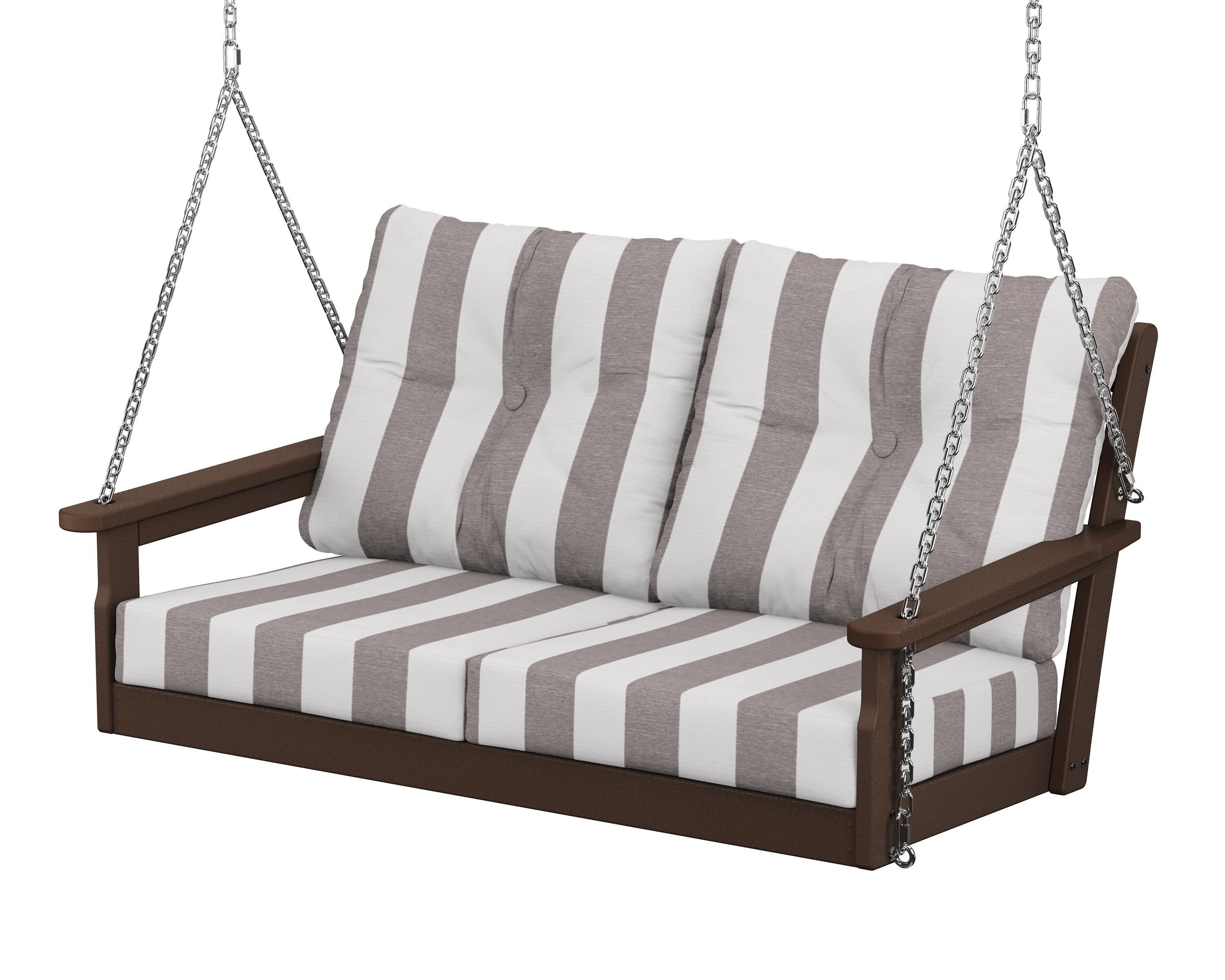 Vineyard Deep Seating Swing in Mahogany / Cabana Stripe Grey Mist