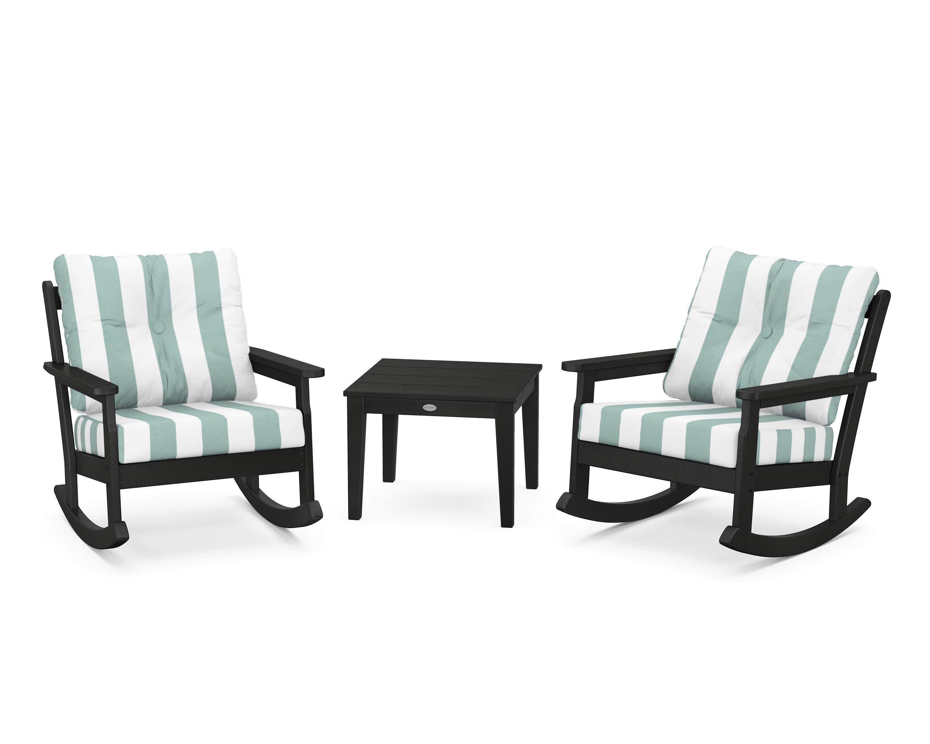 Vineyard 3-Piece Deep Seating Rocker Set in Black / Cabana Stripe Glacier Spa