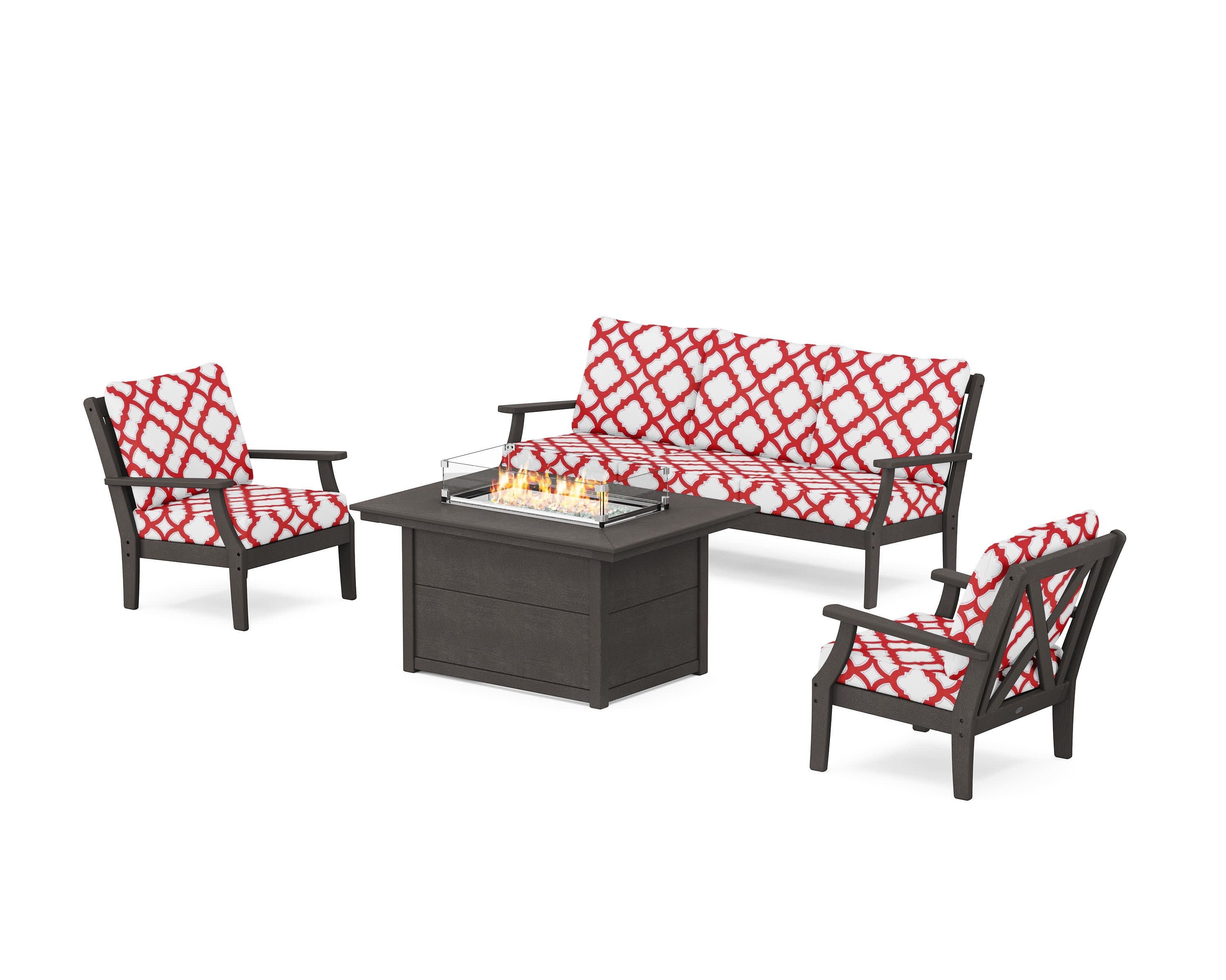 Braxton Deep Seating Fire Pit Table Set in Vintage Coffee / Trellis Crimson