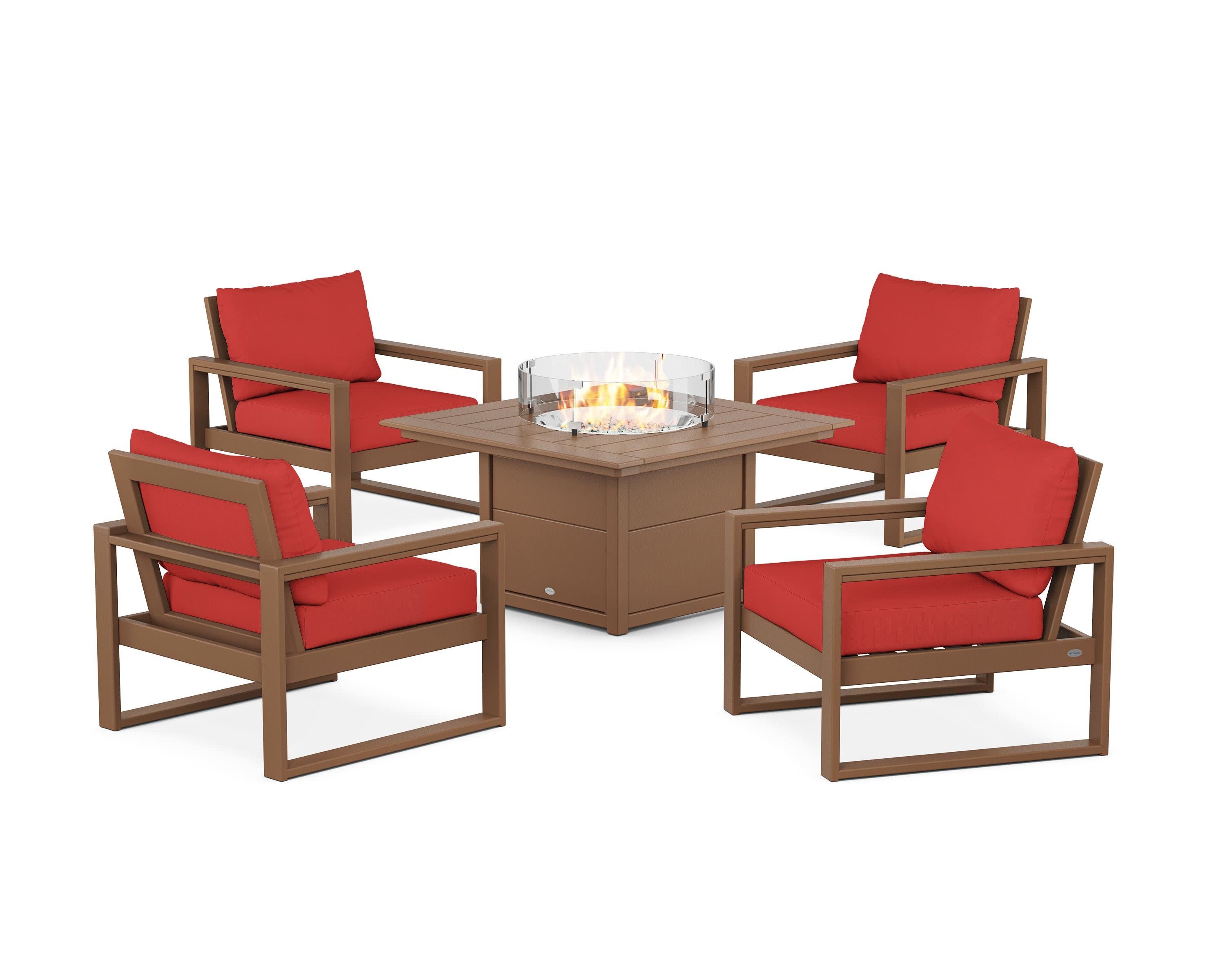 EDGE Sectional 5-Piece Deep Seating Set with Fire Pit Table in Teak / Crimson Linen