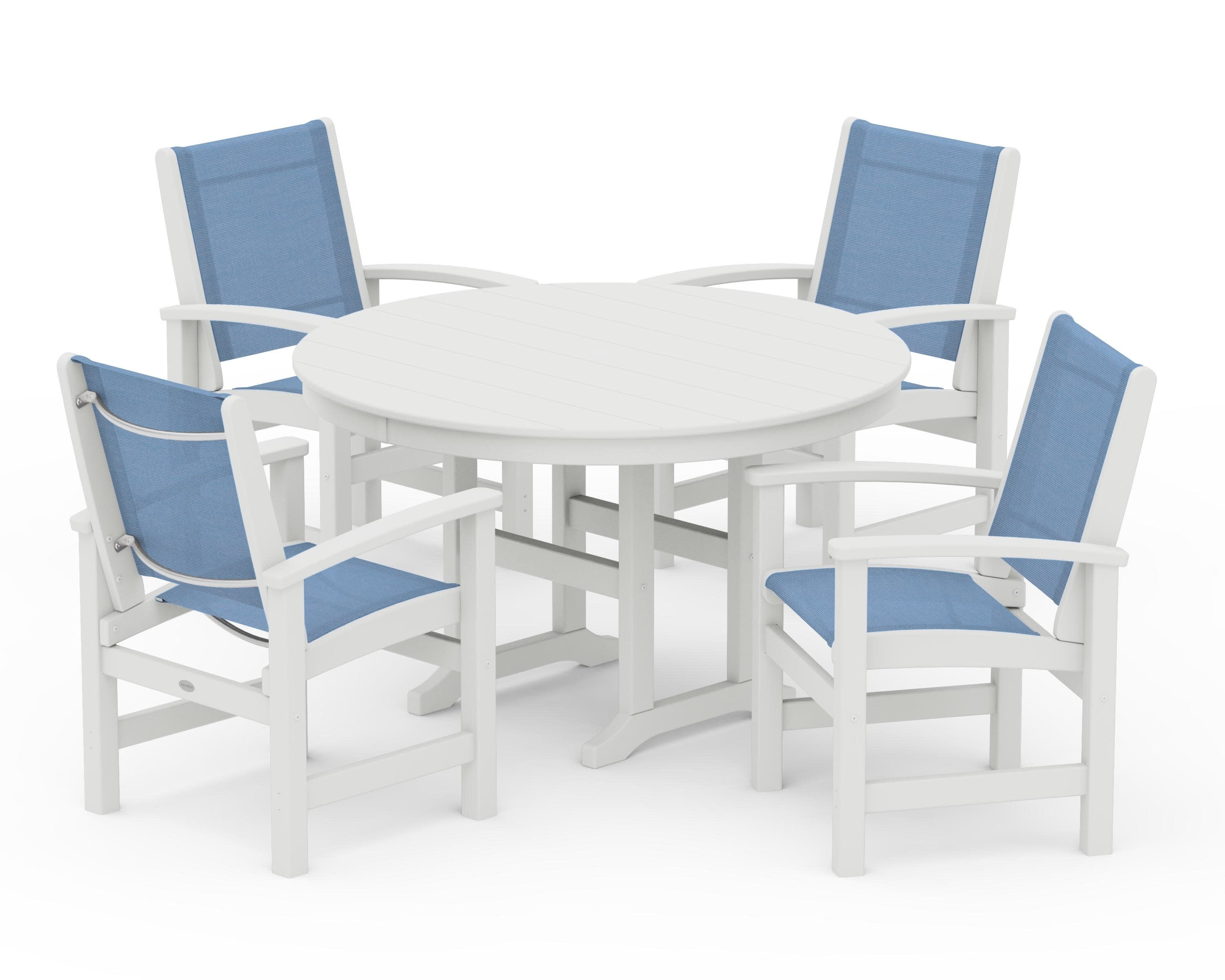 Coastal 5-Piece Round Farmhouse Dining Set in Vintage White / Poolside Sling