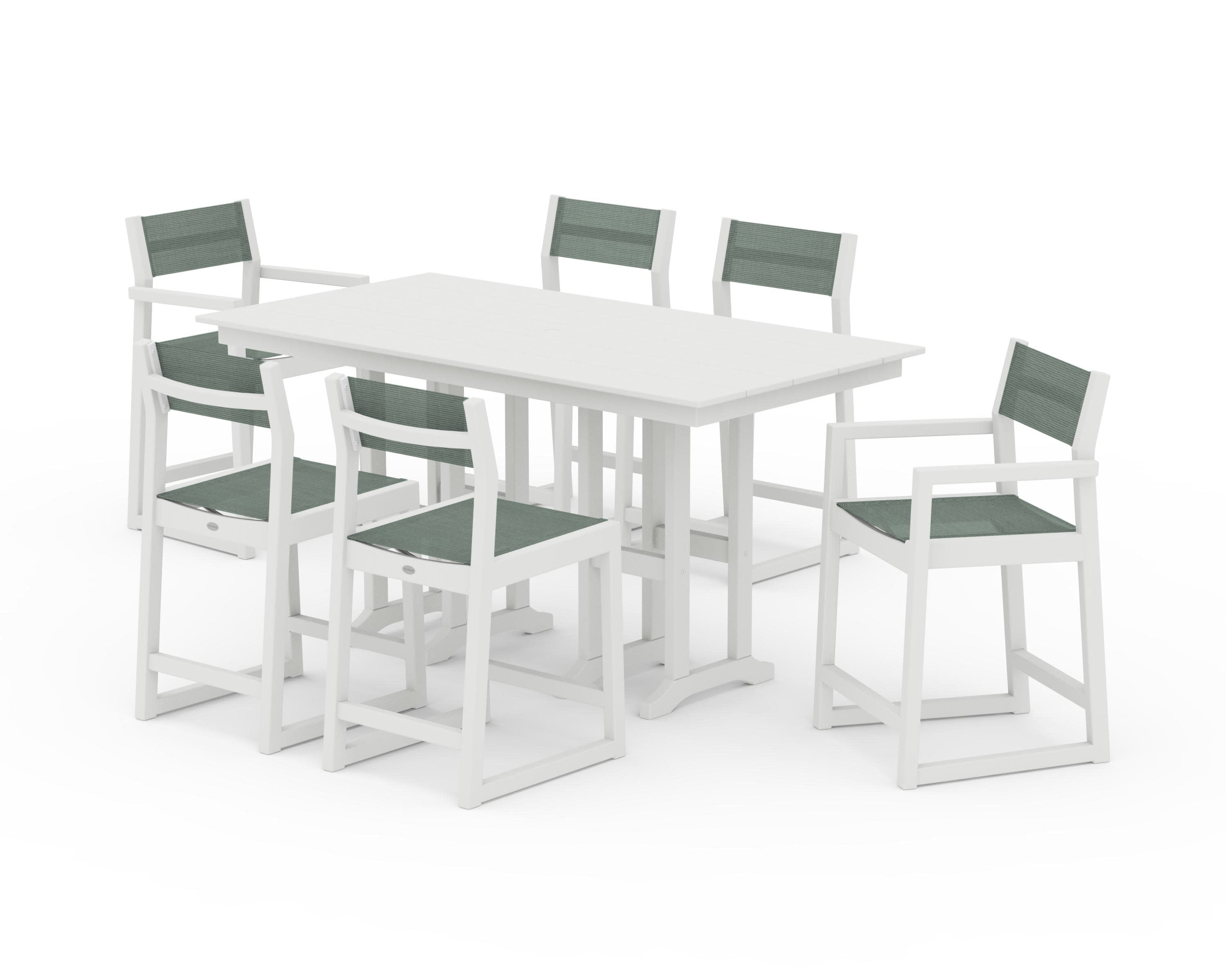 EDGE Sling 7-Piece Farmhouse Counter Set with Trestle Legs in Vintage White / Dupioni Sea Mist Sling