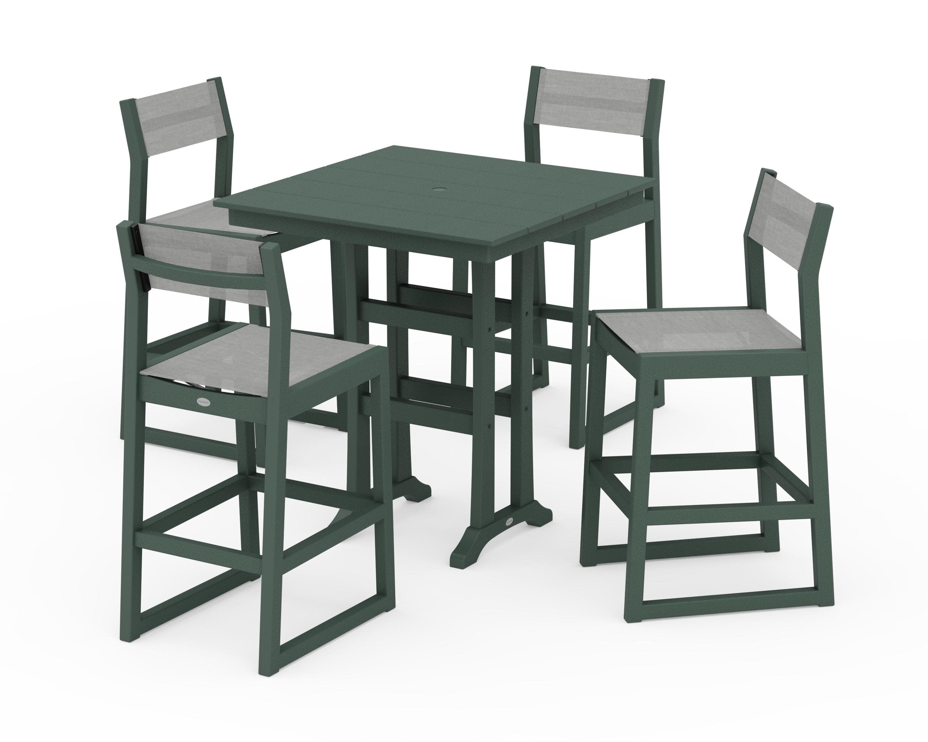 EDGE Sling Arm Chair 5-Piece Farmhouse Bar Set with Trestle Legs in Green / Metallic Sling