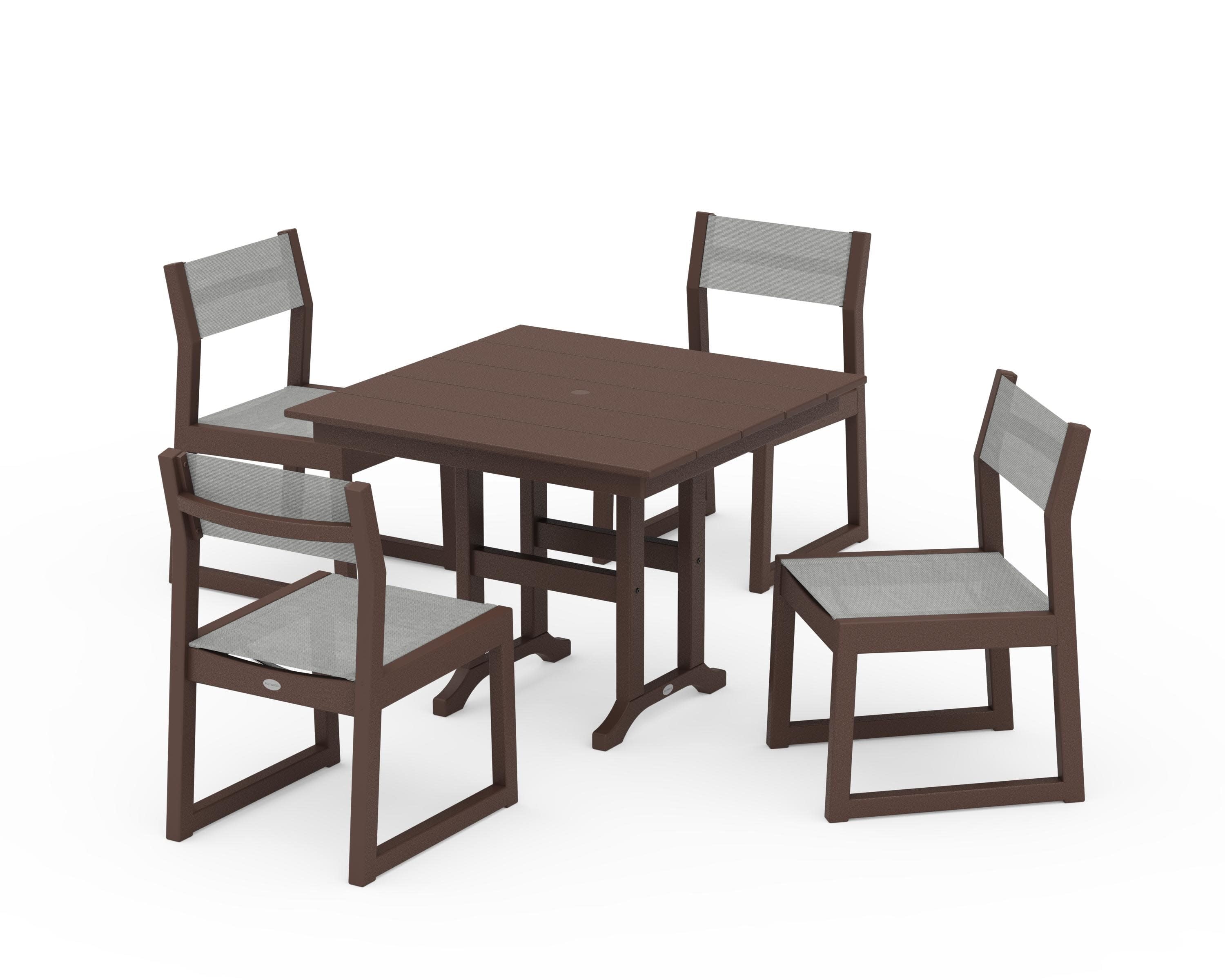 EDGE Sling Side Chair 5-Piece Farmhouse Dining Set in Mahogany / Metallic Sling