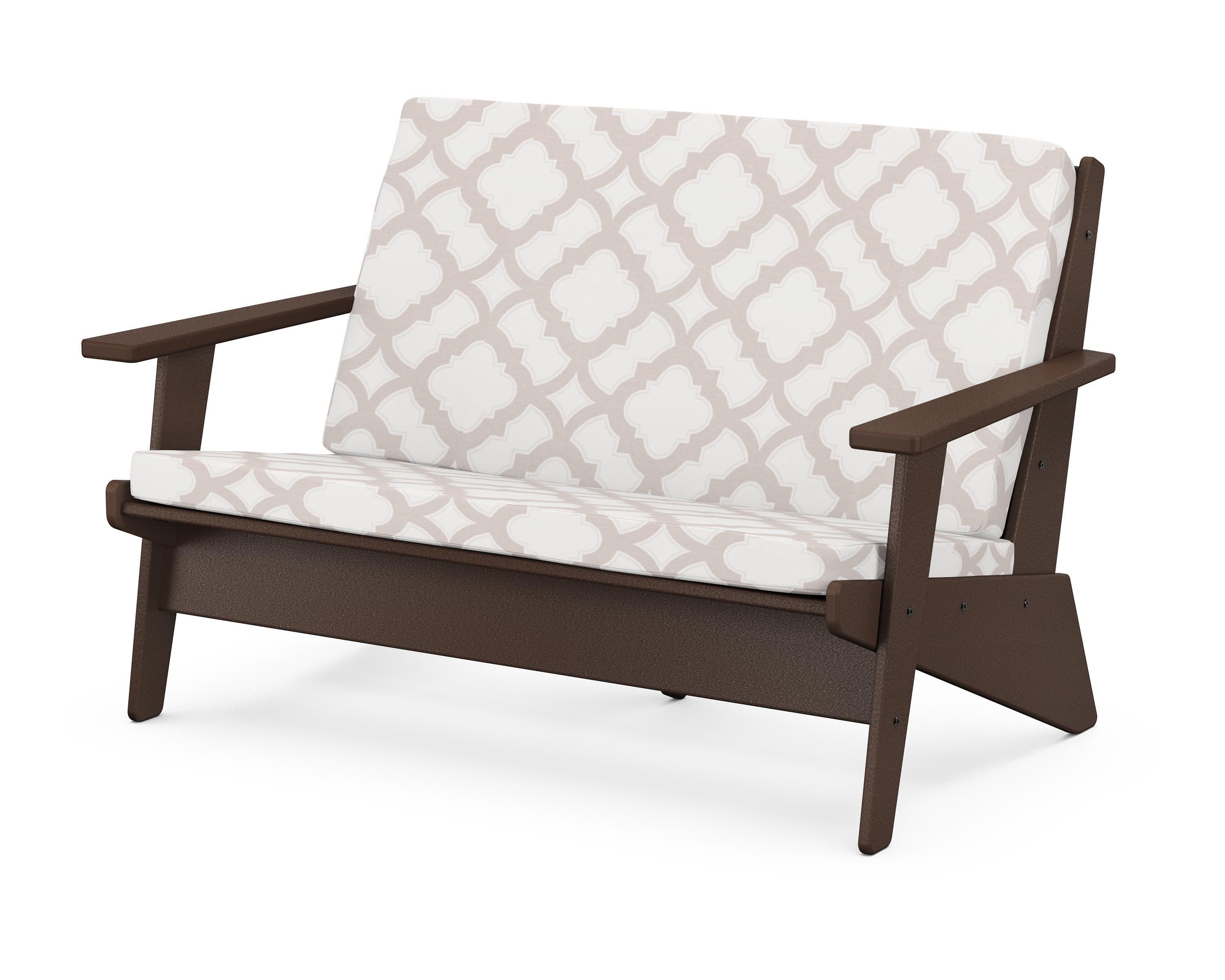 Riviera Modern Lounge Loveseat in Mahogany / Trellis Dune Burlap