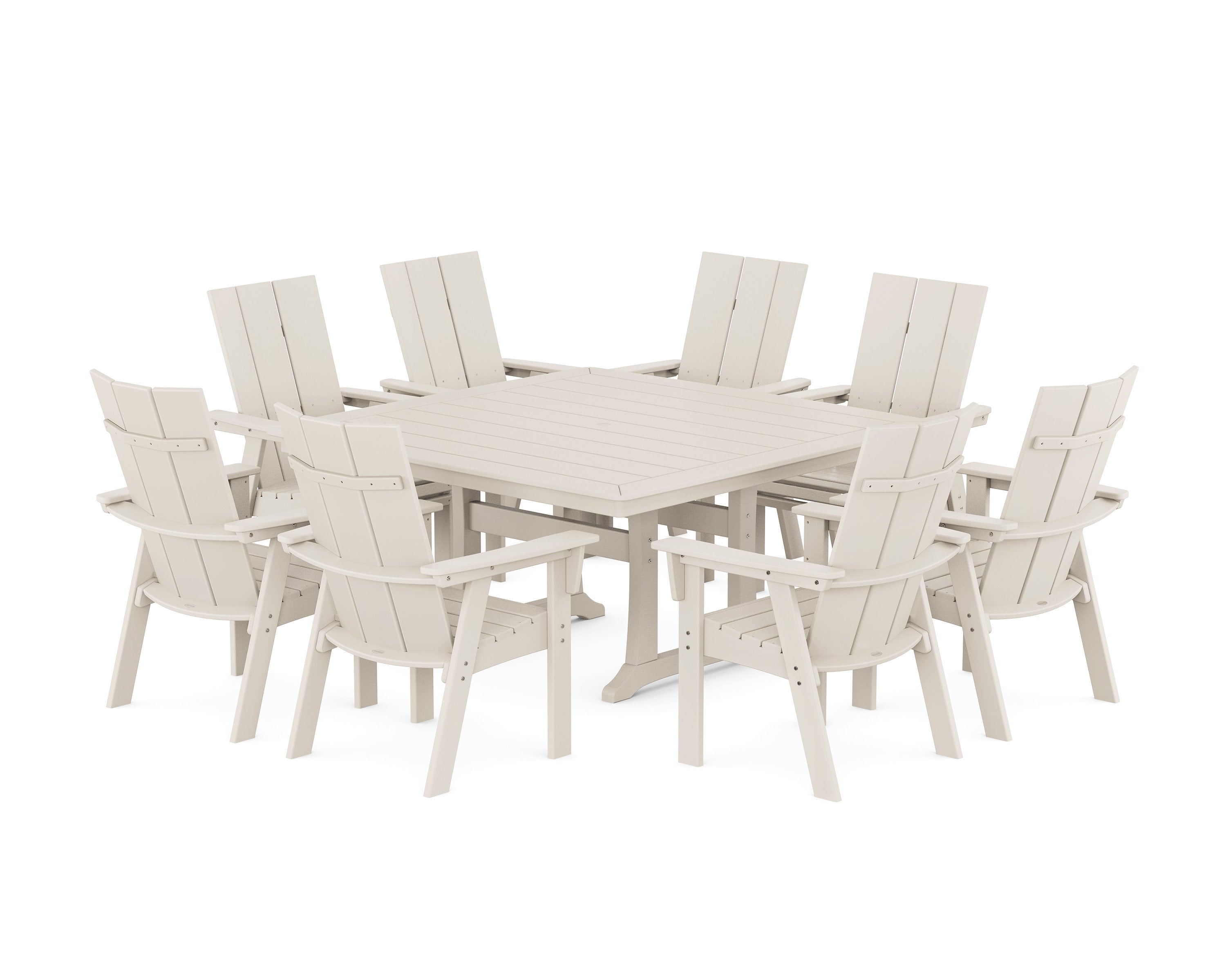Modern Curveback Adirondack 9-Piece Square Dining Set with Trestle Legs in Sand