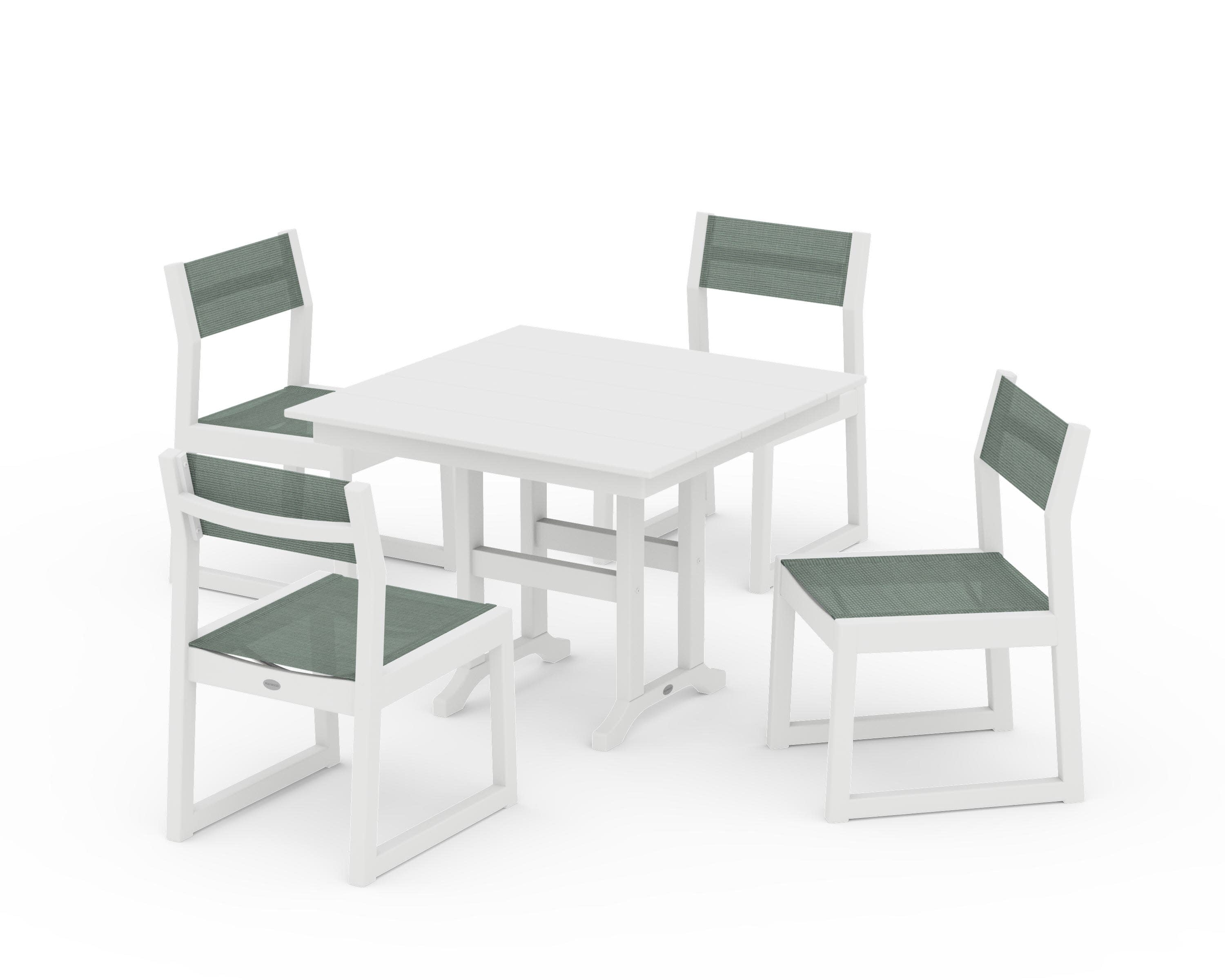 EDGE Sling Side Chair 5-Piece Farmhouse Dining Set in White / Dupioni Sea Mist Sling