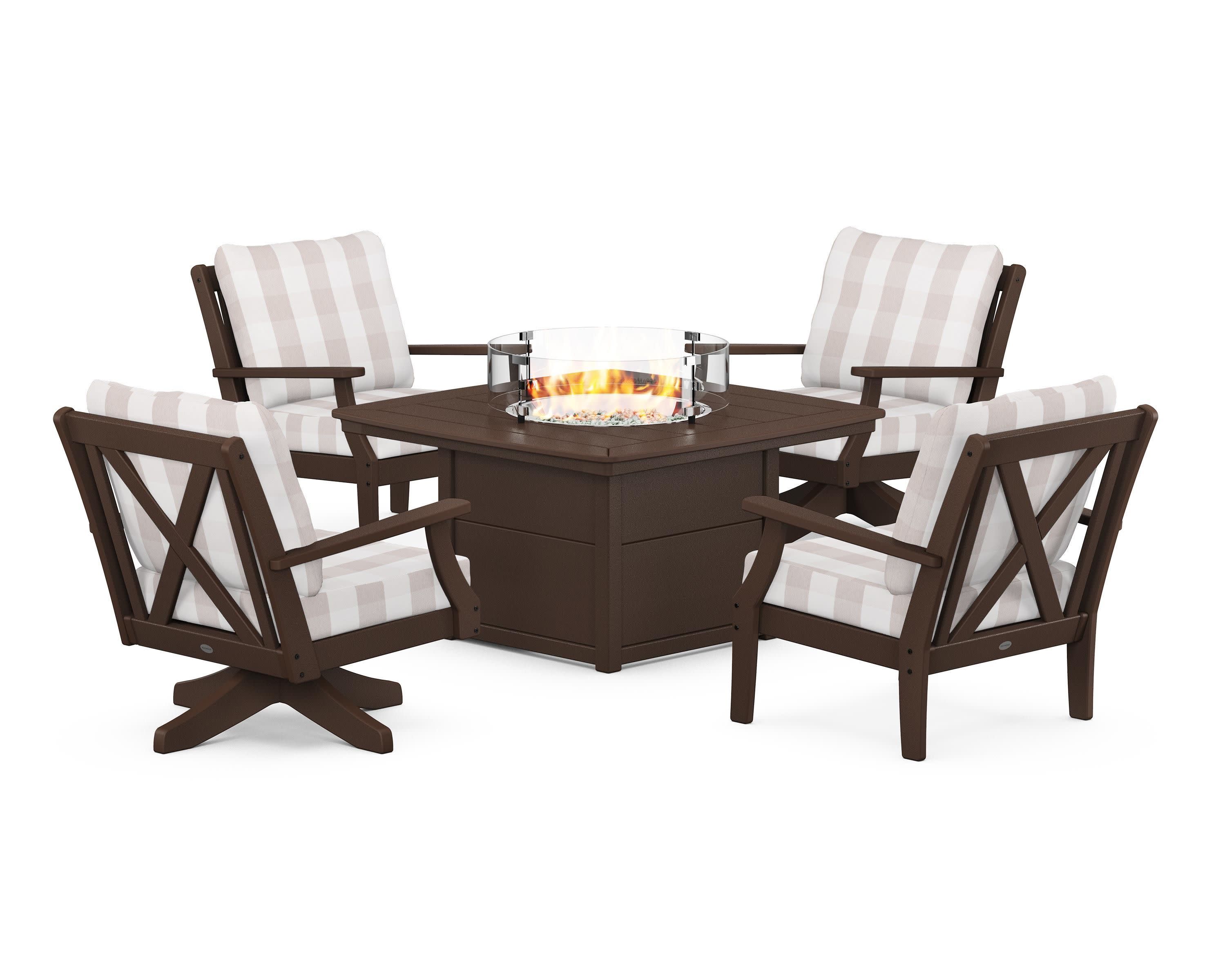 Braxton 5-Piece Deep Seating Set with Fire Table in Mahogany / Buffalo Plaid Dune Burlap
