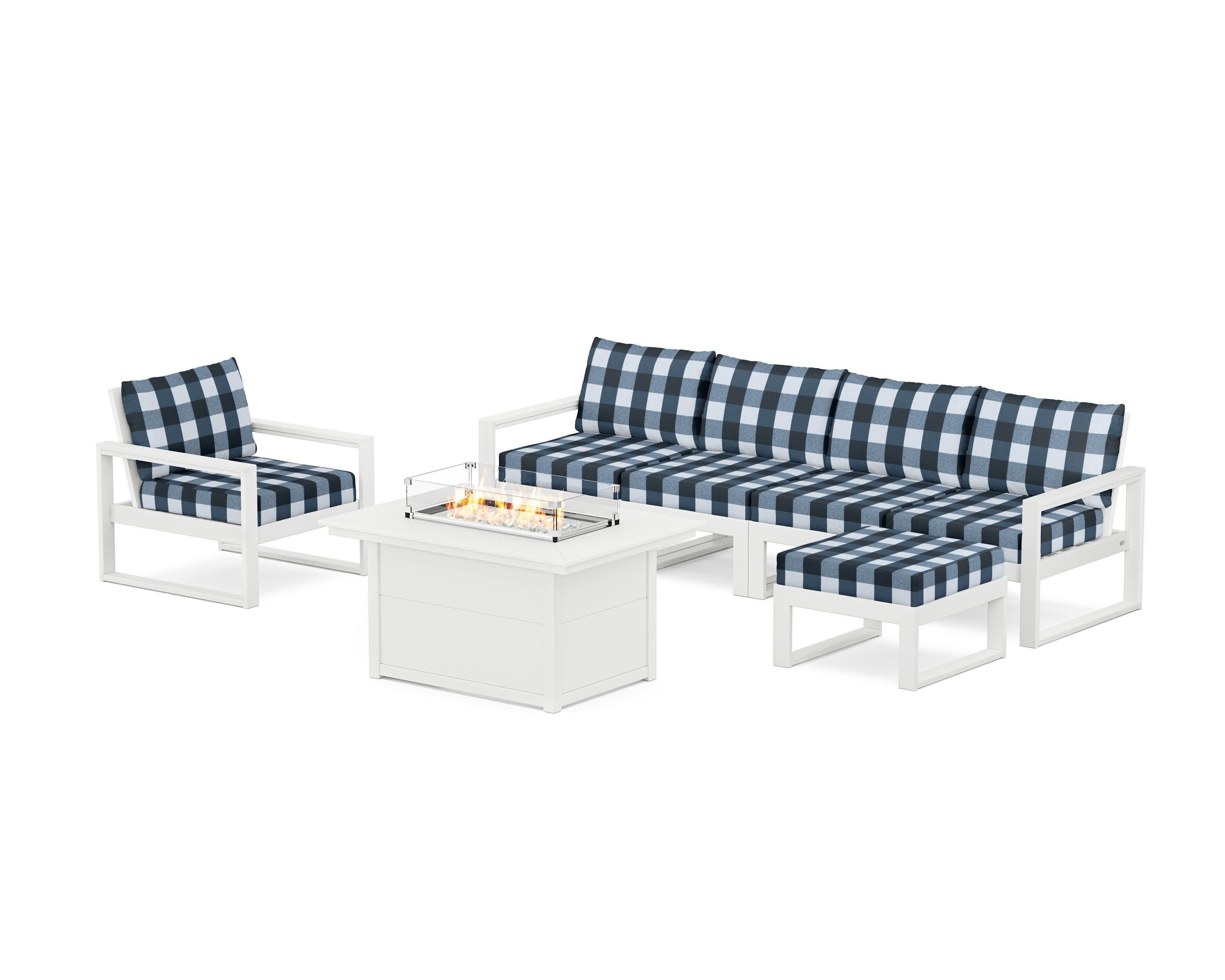 EDGE Sectional Lounge and Fire Pit Set in White / Buffalo Plaid Marine Indigo