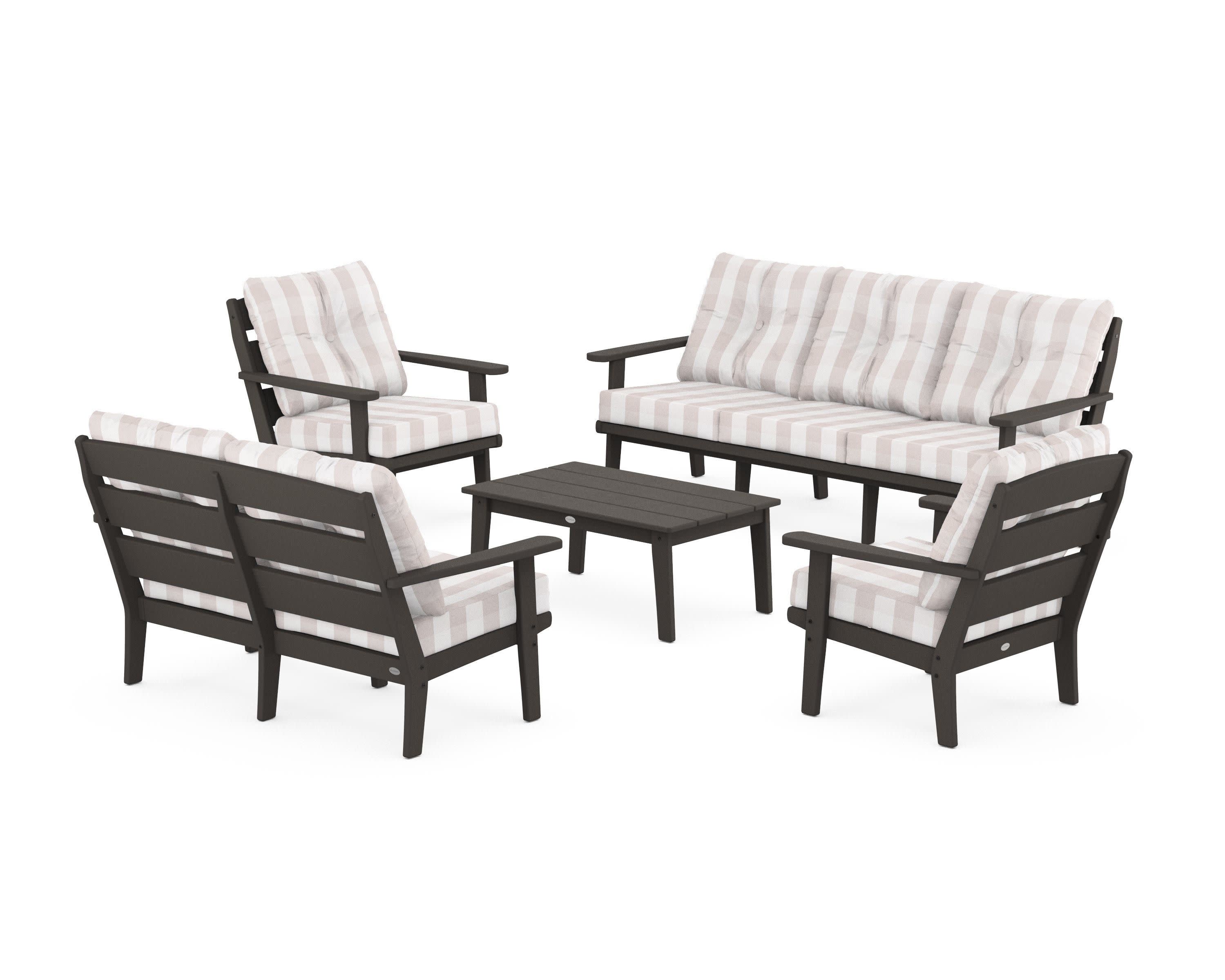 Lakeside 5-Piece Lounge Sofa Set in Vintage Coffee / Buffalo Plaid Dune Burlap