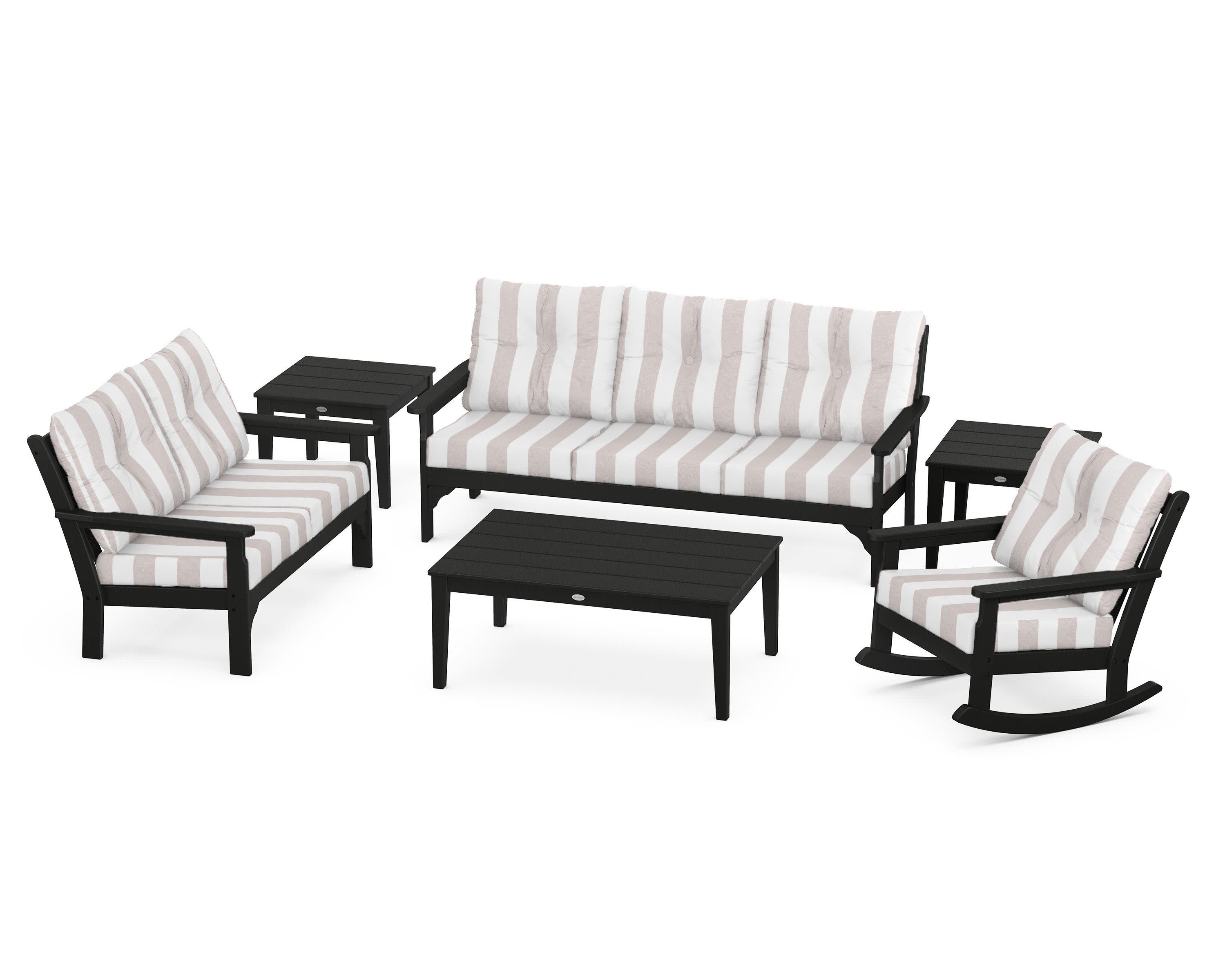 Vineyard 6-Piece Deep Seating Set in Black / Cabana Stripe Dune Burlap