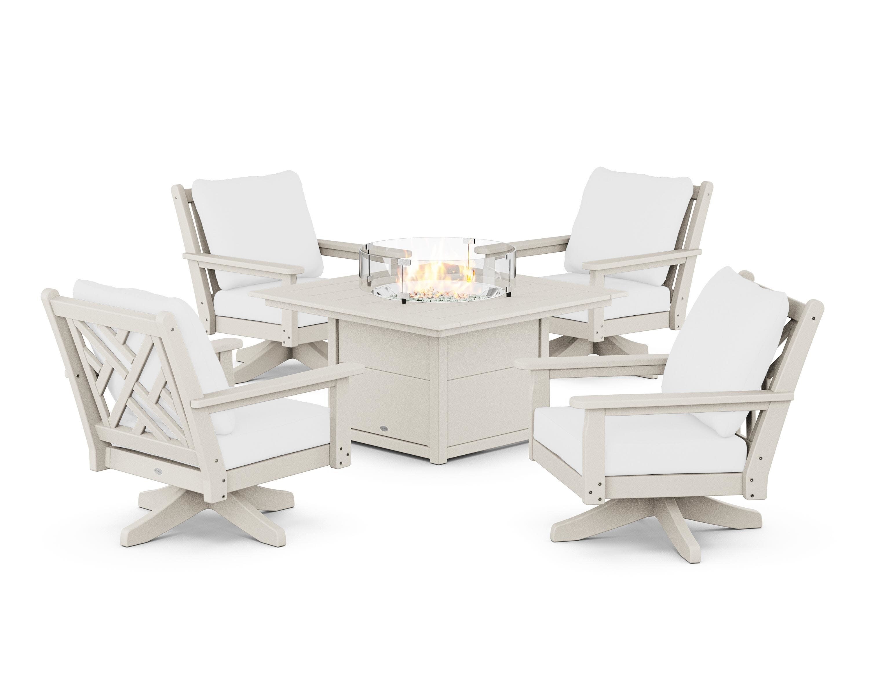 Chippendale 5-Piece Deep Seating Swivel Conversation Set with Fire Pit Table in Sand / Natural