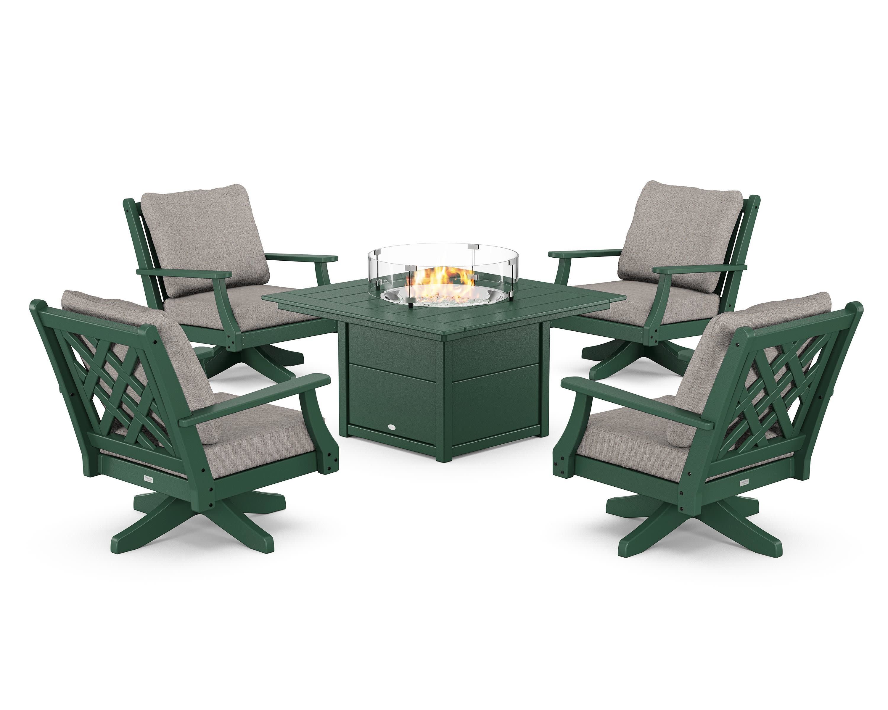 Wovendale 5-Piece Deep Seating Swivel Conversation Set with Fire Pit Table in Green / Weathered Tweed