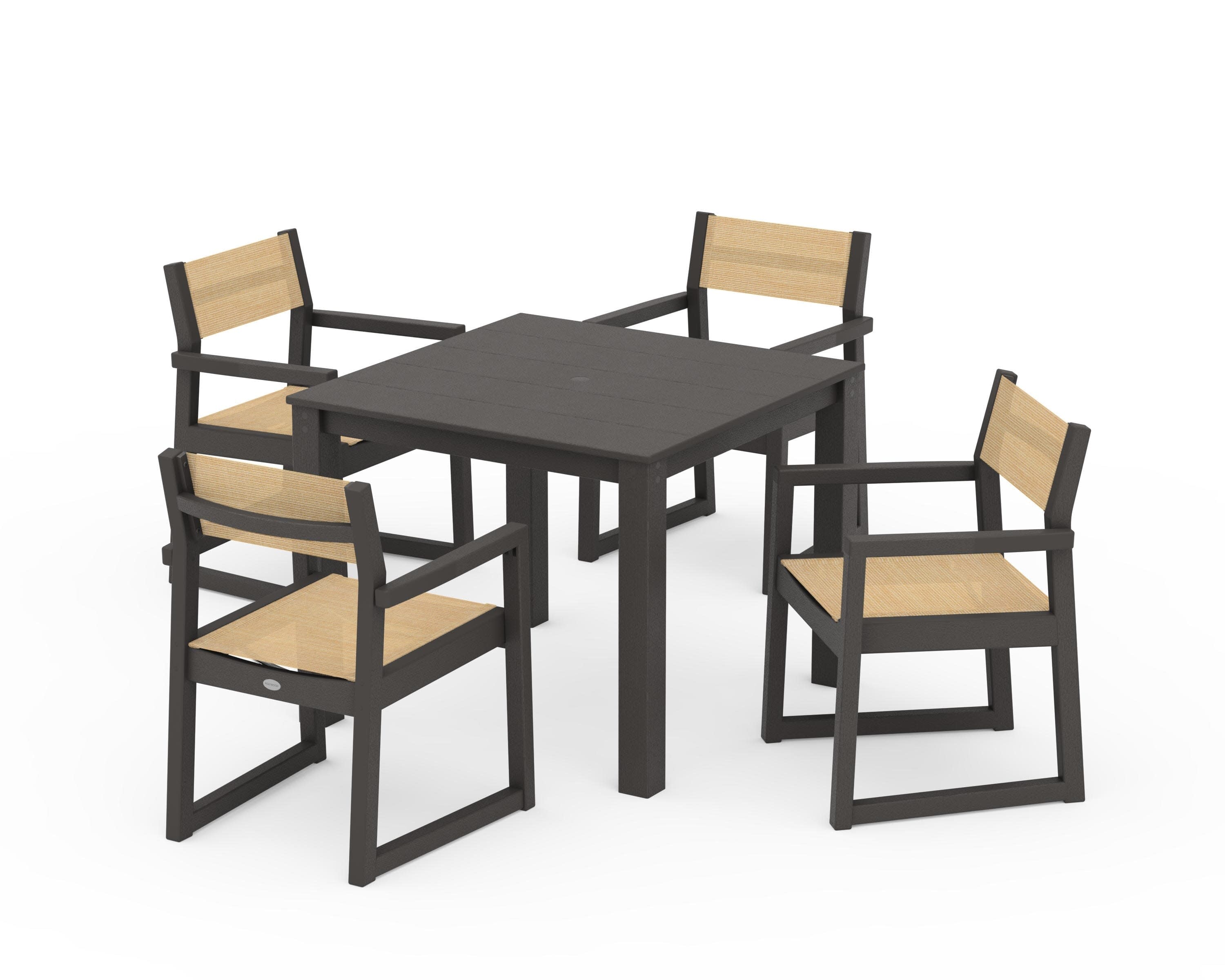 EDGE Sling Arm Chair 5-Piece Parsons Dining Set in Vintage Coffee / Dupioni Apricot Sling