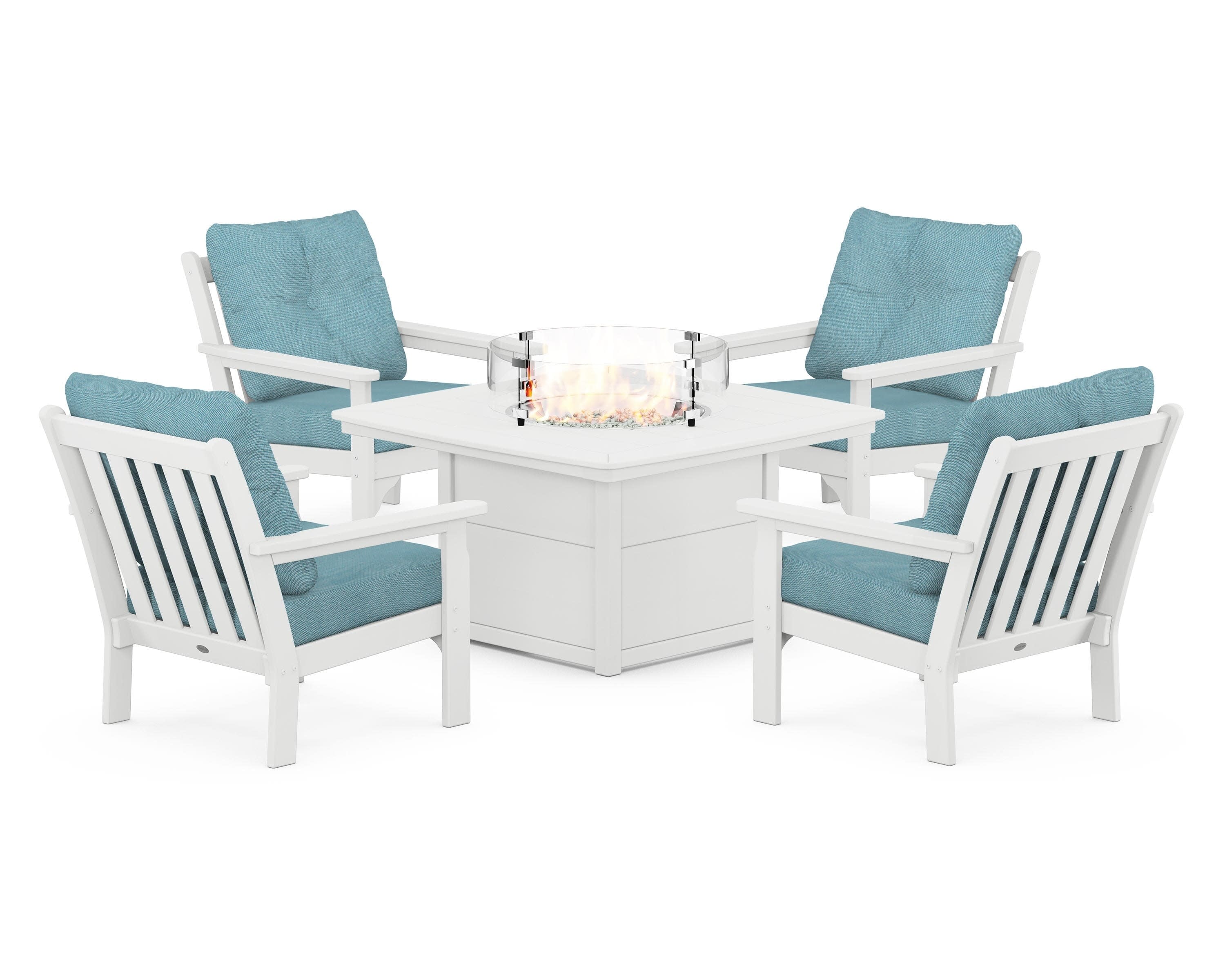 Vineyard 5-Piece Conversation Set with Fire Pit Table in White / Lattice Sky Blue