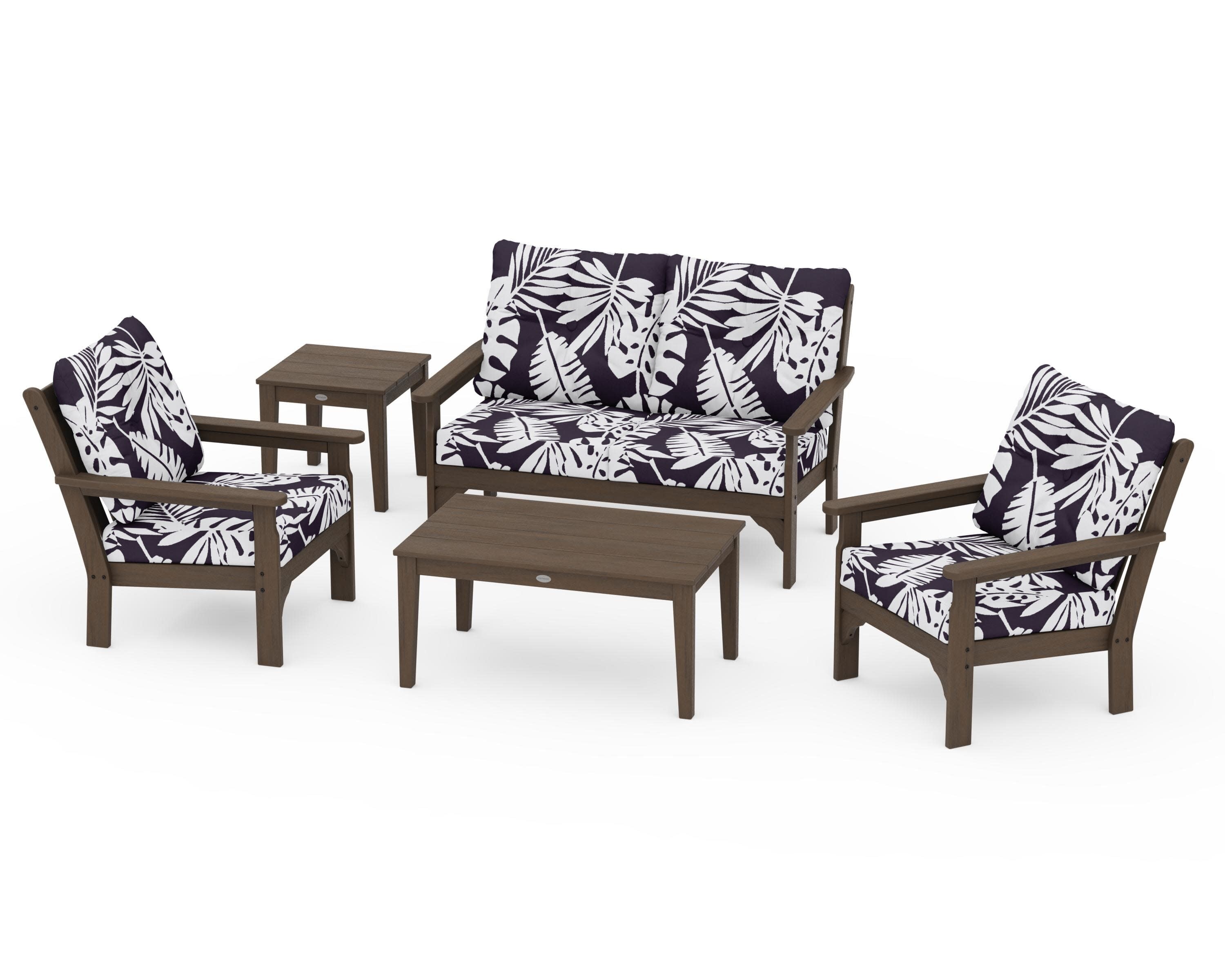 Vineyard 5-Piece Deep Seating Set in Kona / Leaf Navy
