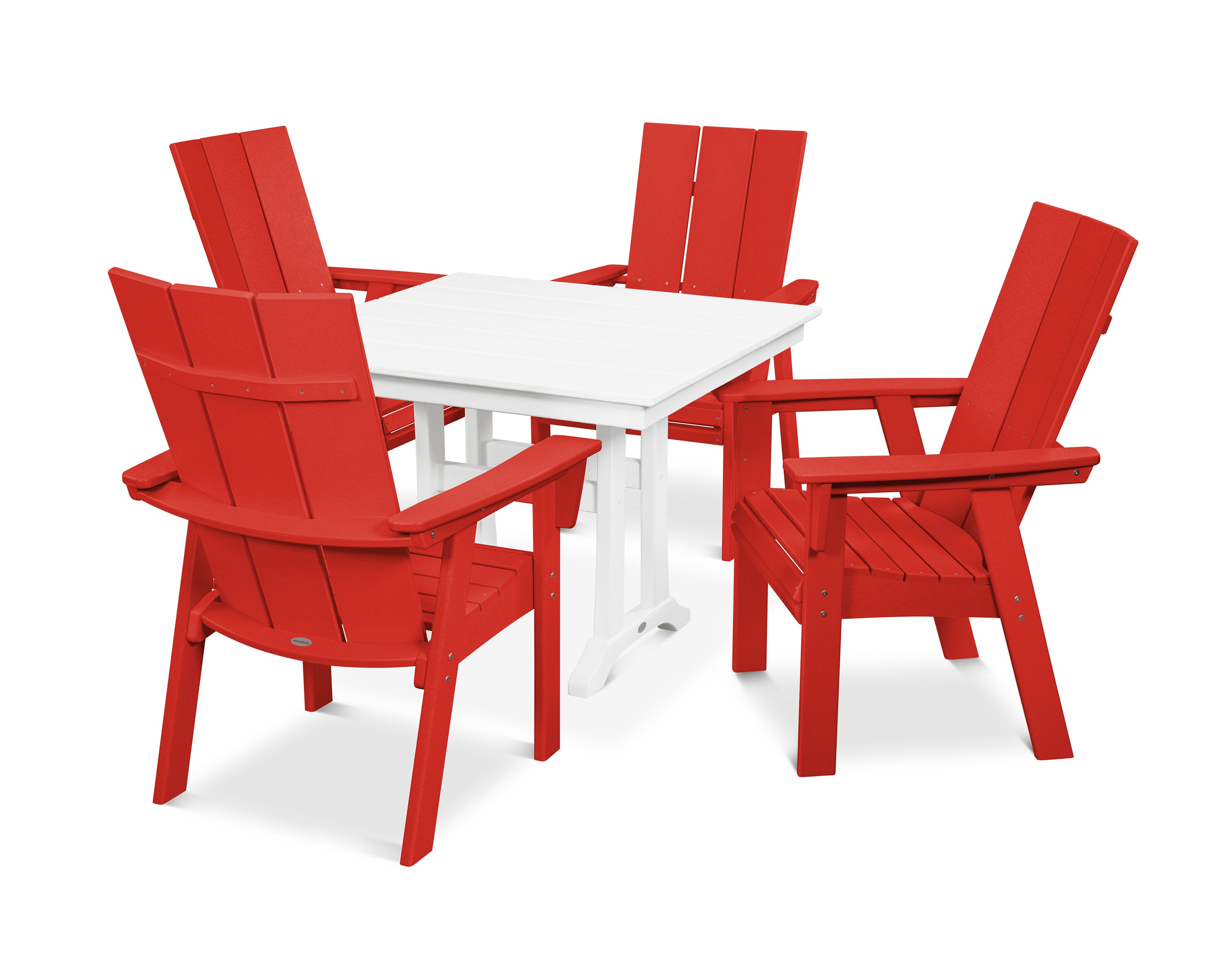 Modern Curveback Adirondack 5-Piece Farmhouse Trestle Dining Set in Sunset Red / White