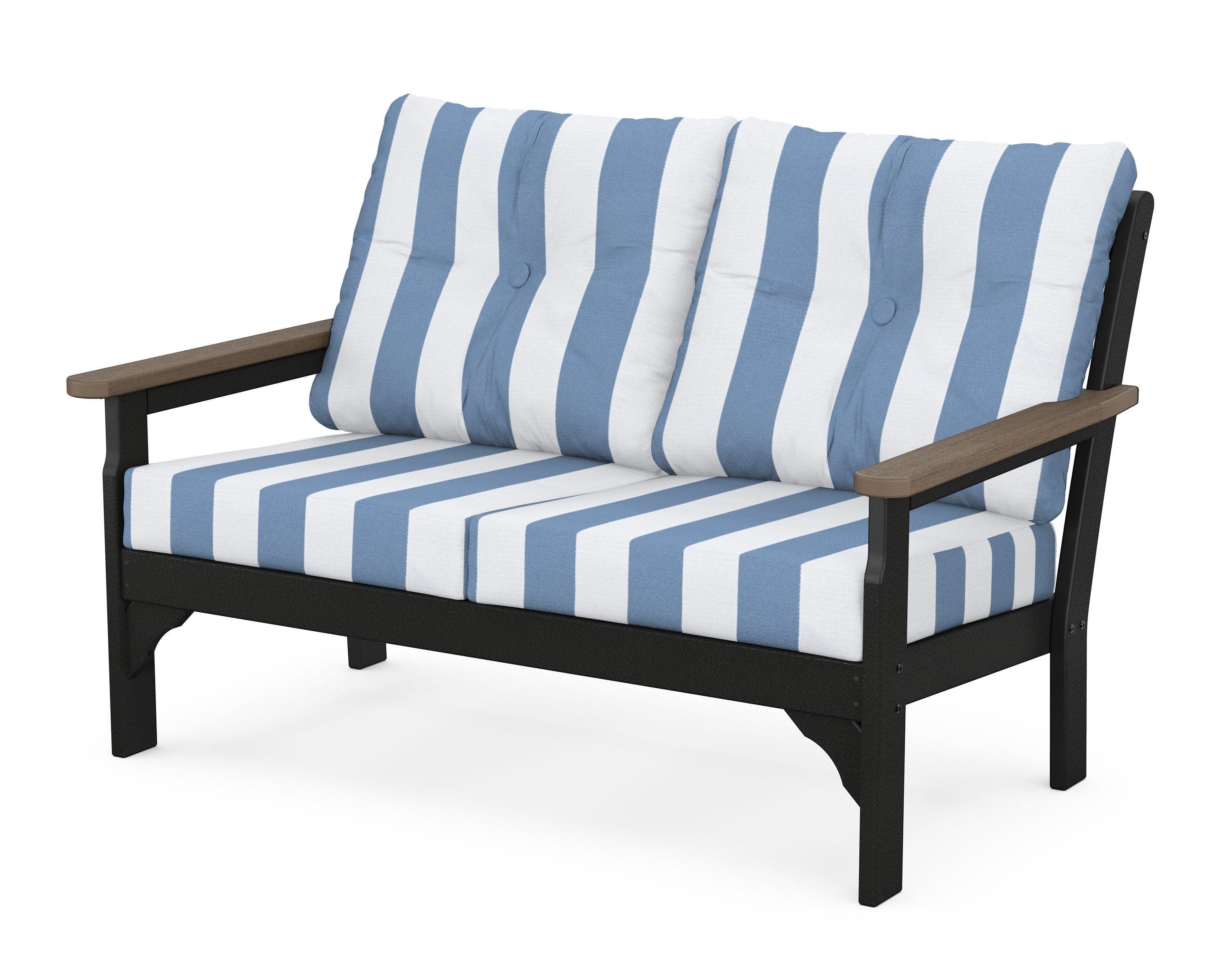 Vineyard Deep Seating Loveseat in Black / Kona / Cabana Stripe Sky Blue