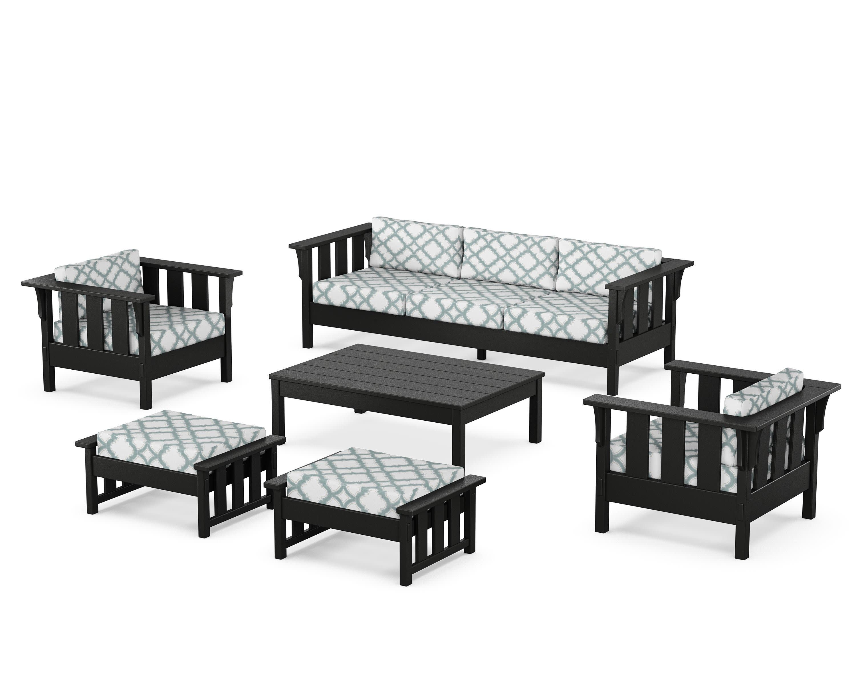 Acadia 6-Piece Lounge Sofa Set in Black / Trellis Glacier Spa