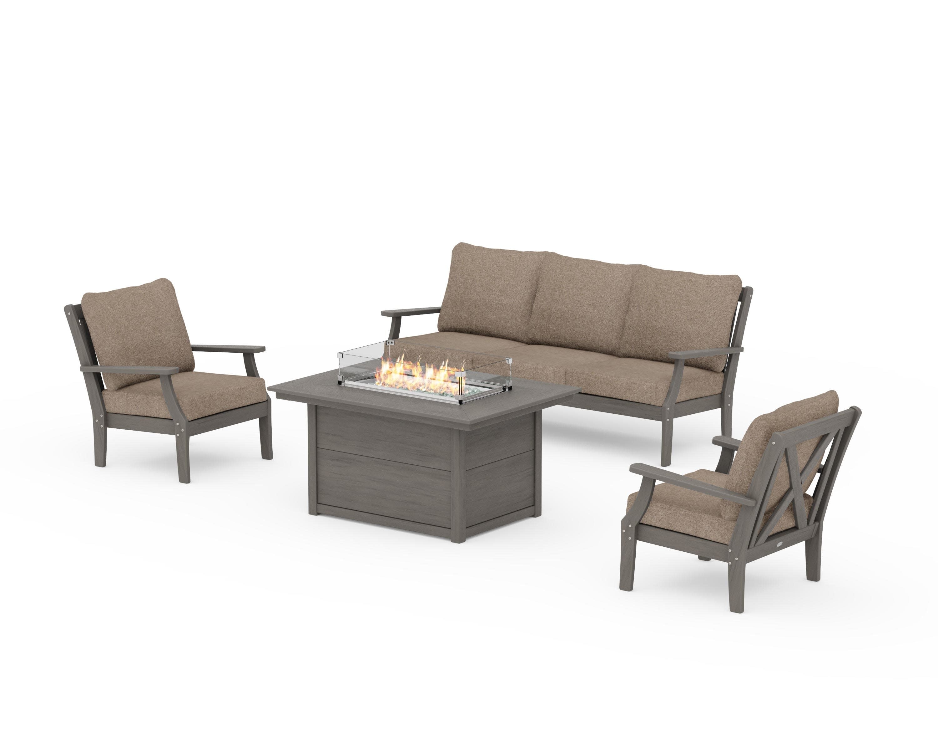 Braxton Deep Seating Fire Pit Table Set in Driftwood / Spiced Burlap