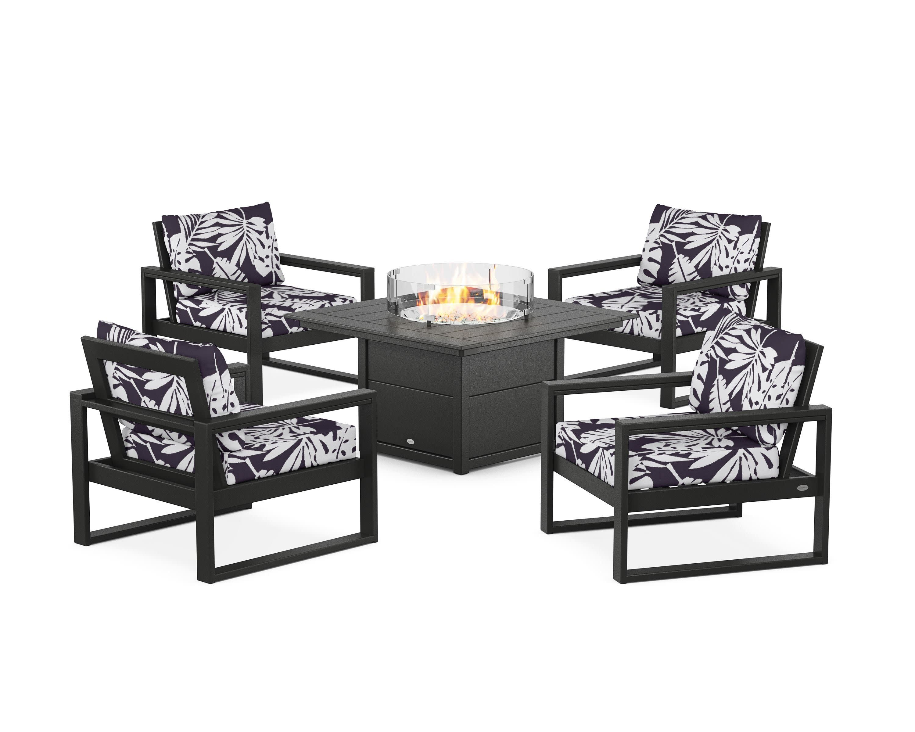 EDGE Sectional 5-Piece Deep Seating Set with Fire Pit Table in Black / Leaf Navy