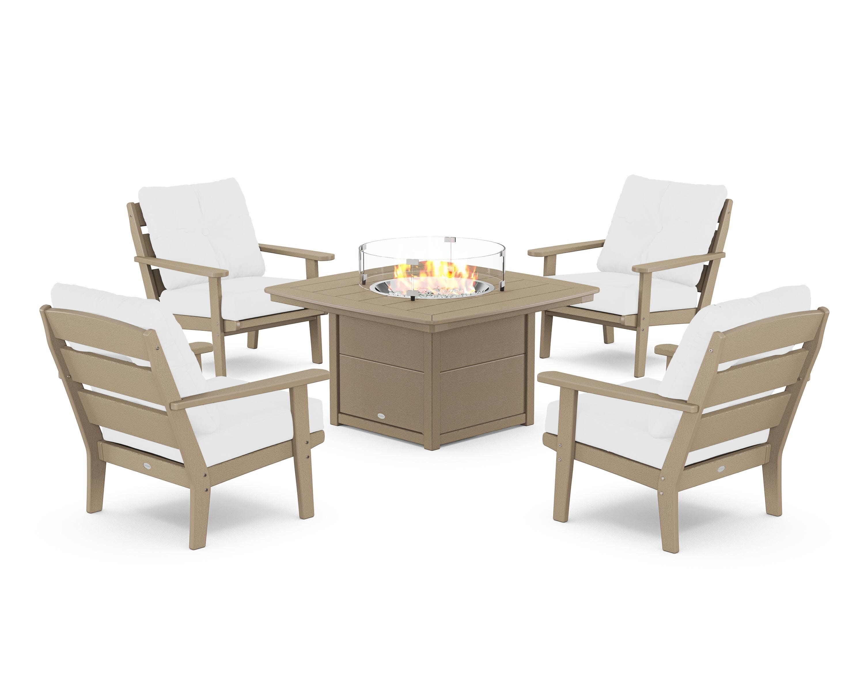 Lakeside 5-Piece Deep Seating Set with Nautical Fire Pit Table in Vintage Sahara / Natural