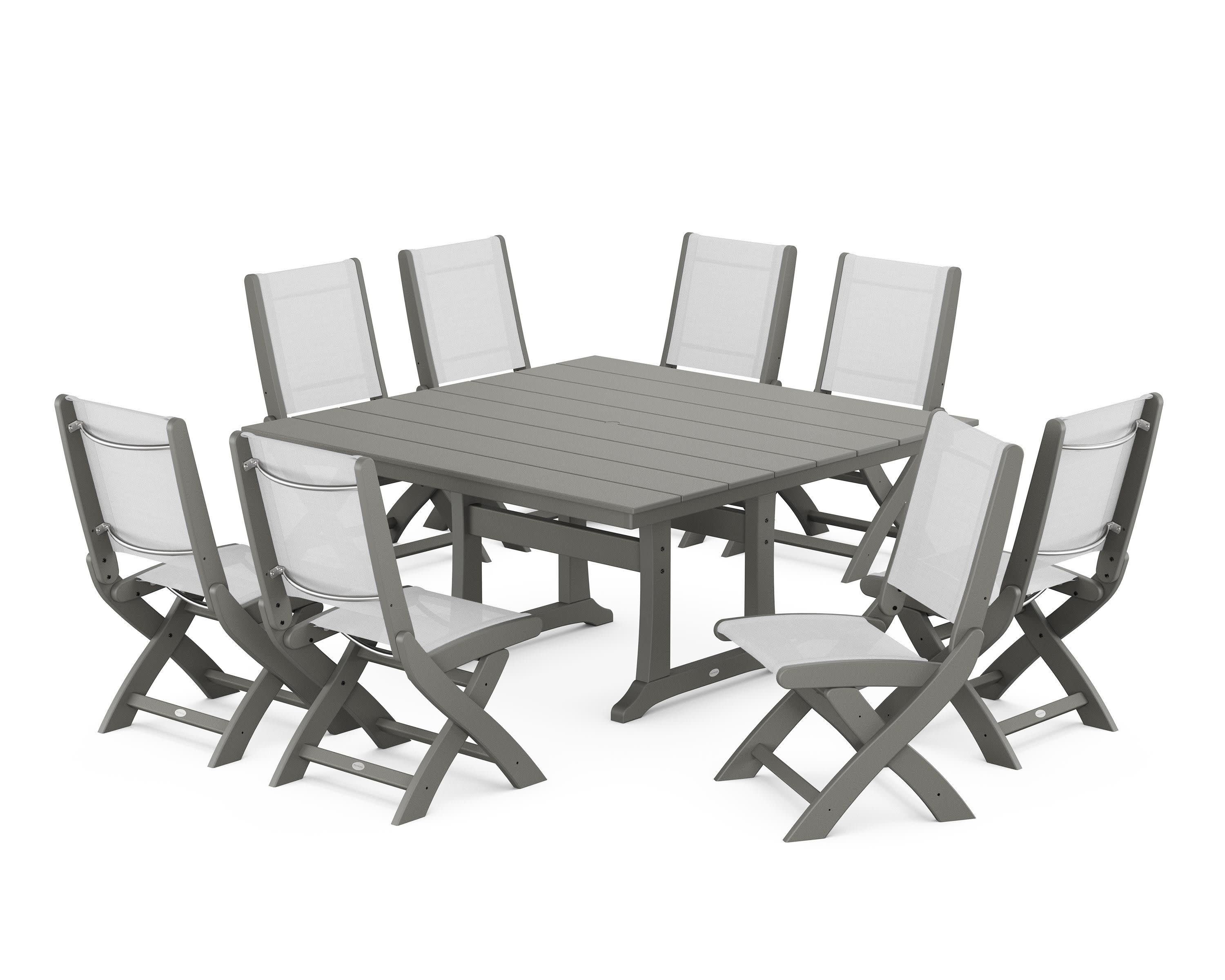 Coastal Folding Side Chair 9-Piece Farmhouse Dining Set in Slate Grey / White Sling