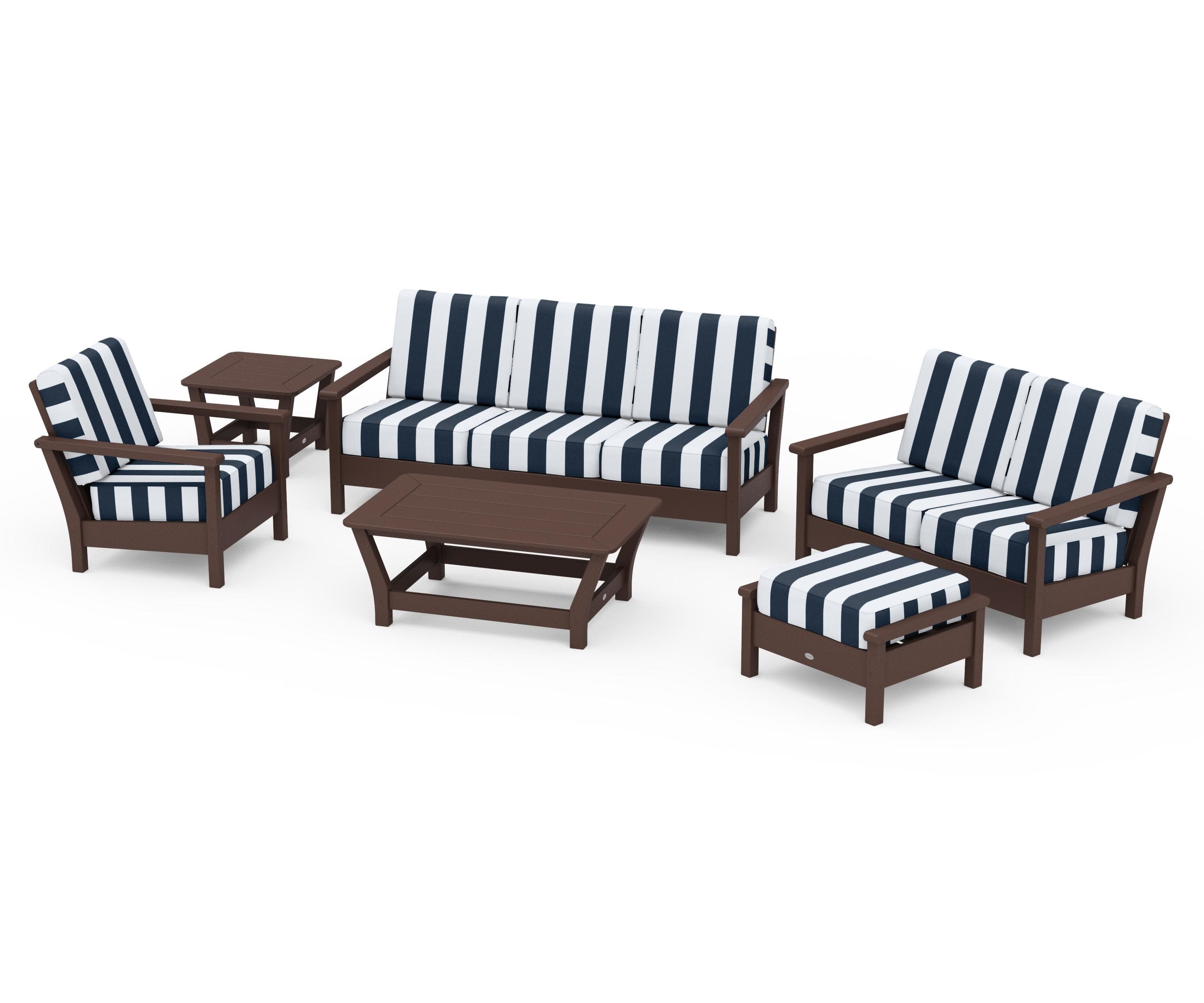 Harbour 6-Piece Outdoor Living Set in Mahogany / Cabana Stripe Marine Indigo