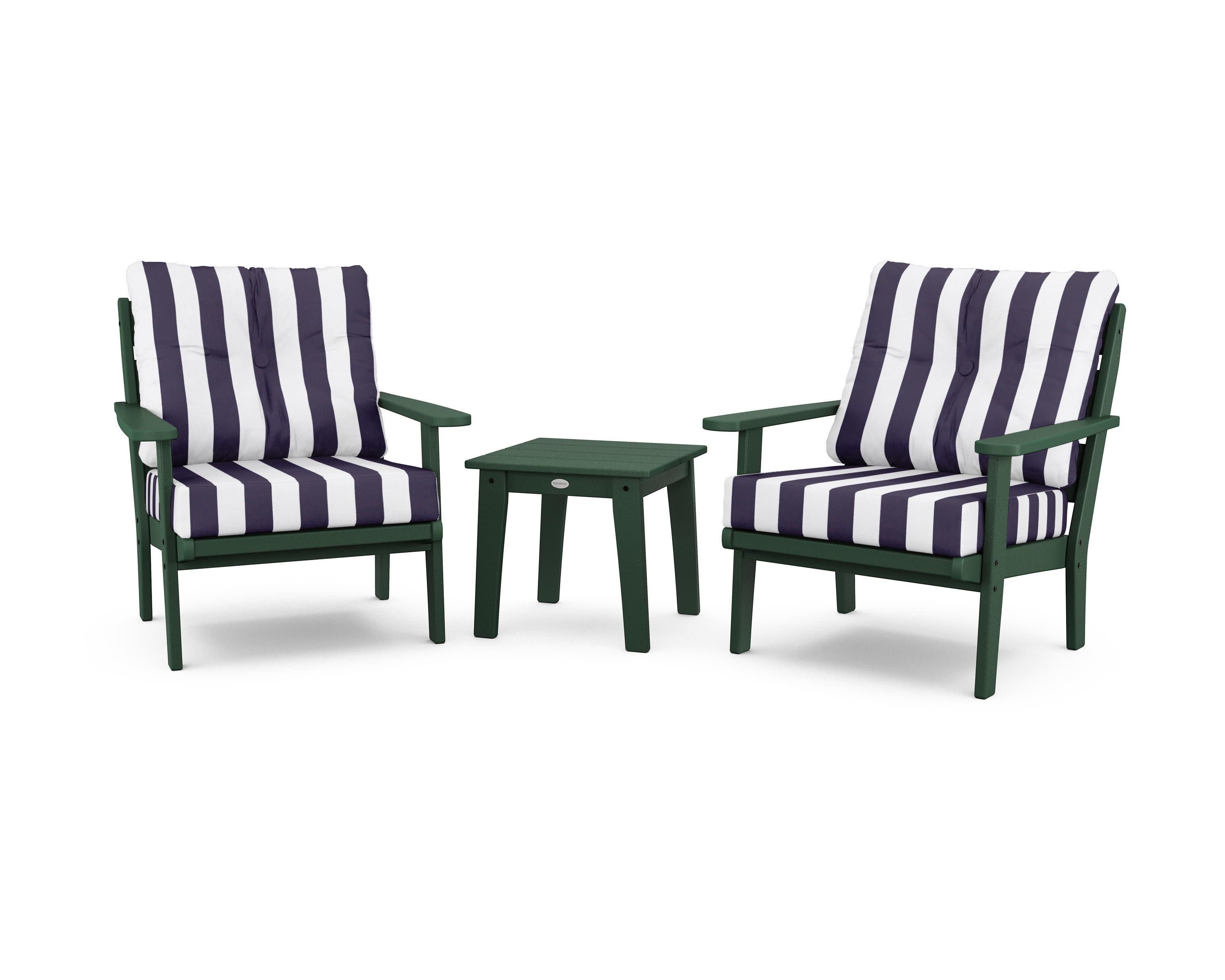 Lakeside 3-Piece Deep Seating Chair Set in Green / Cabana Stripe Navy