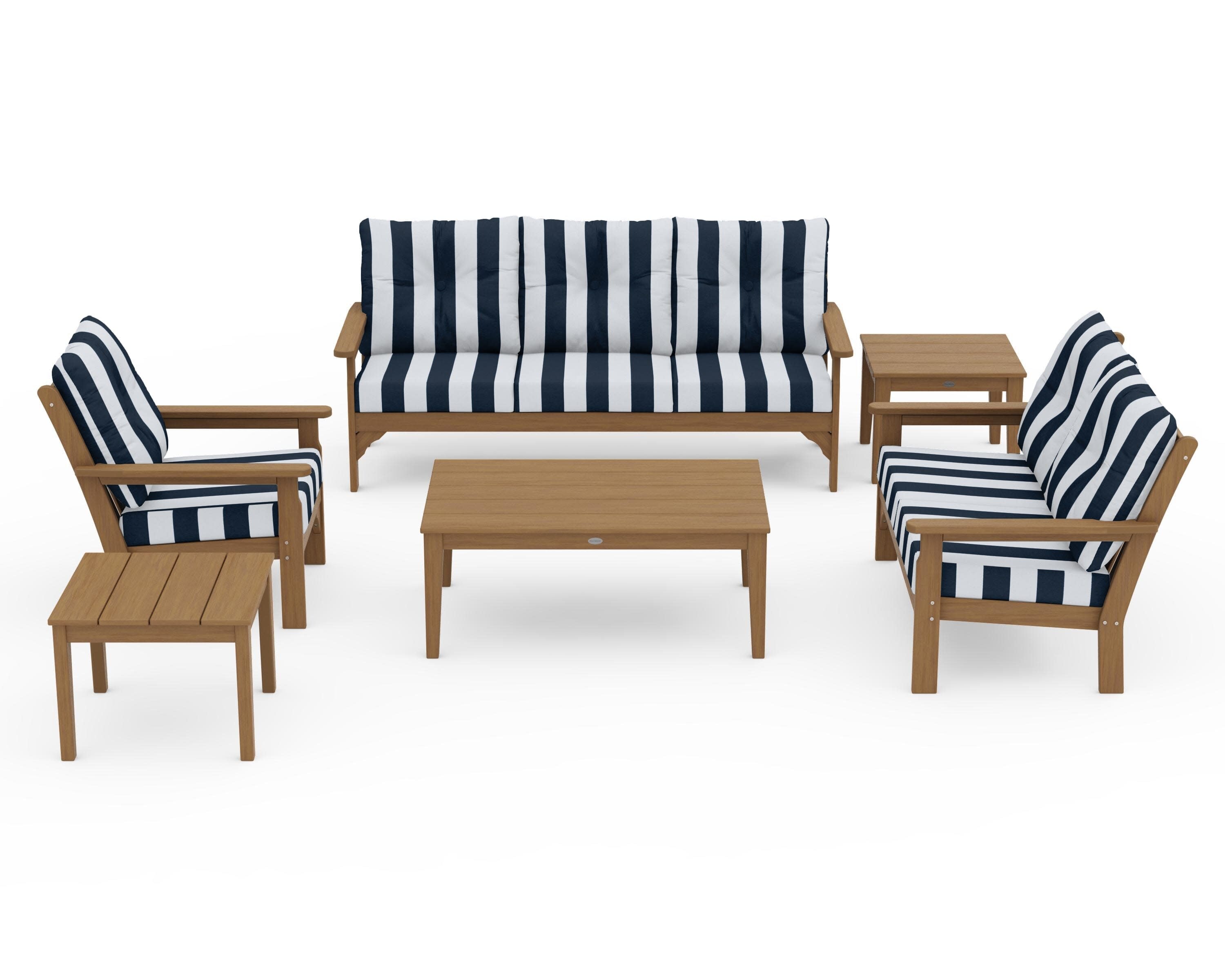 Vineyard 6-Piece Deep Seating Set in Natural / Cabana Stripe Marine Indigo