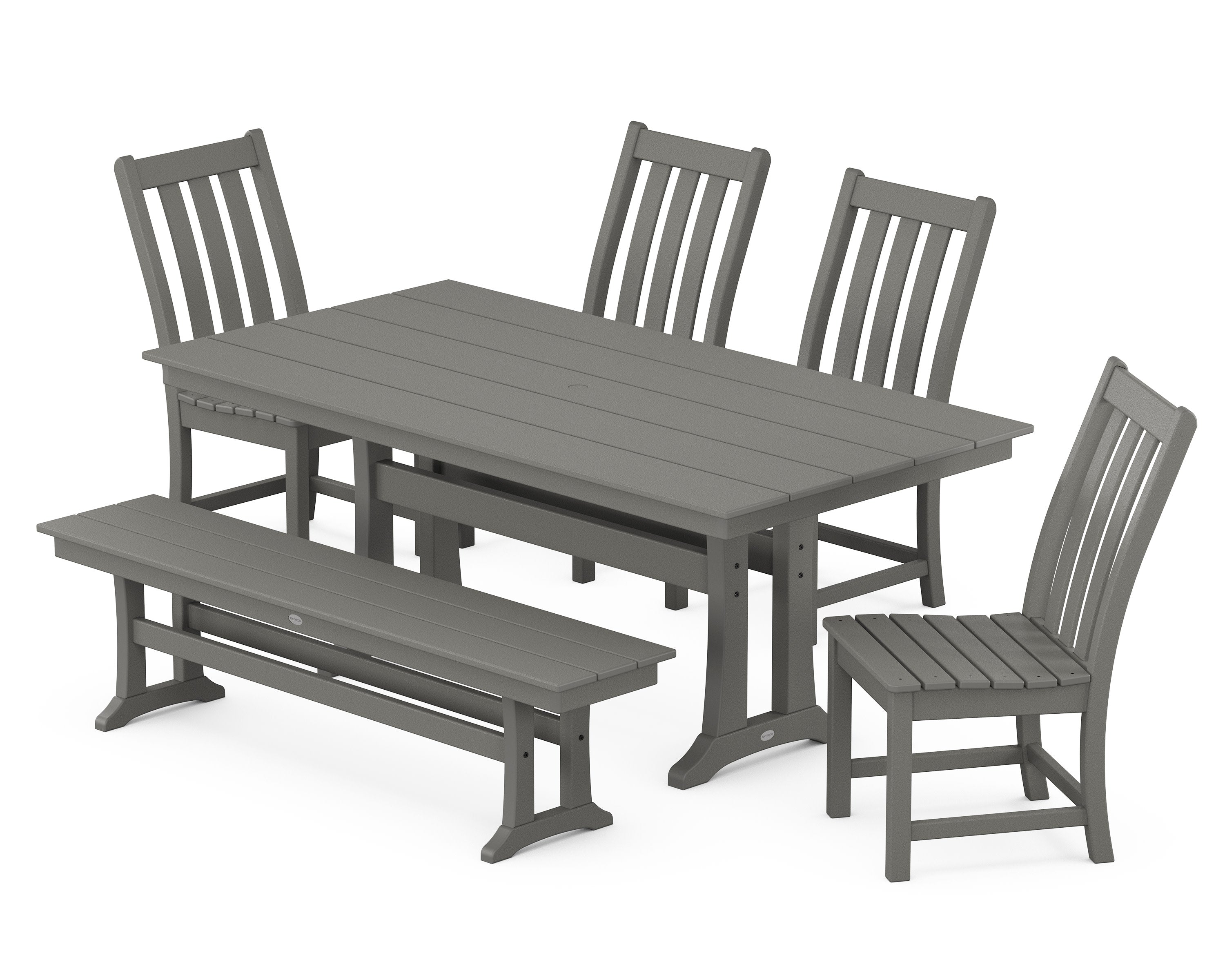 Vineyard Side Chair 6-Piece Farmhouse Dining Set with Trestle Legs and Bench in Slate Grey