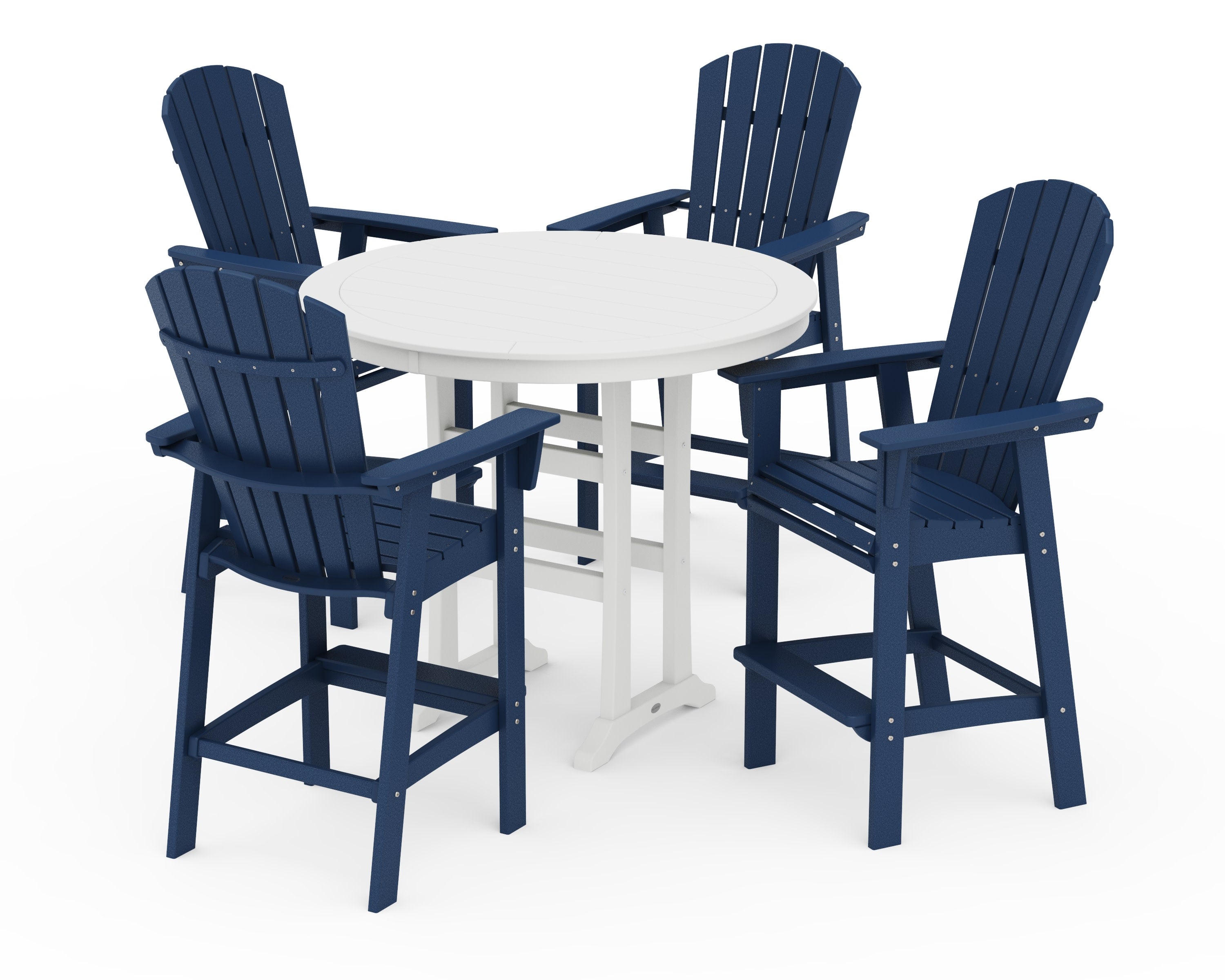 Nautical Curveback Adirondack 5-Piece Round Trestle Bar Set in Navy / White