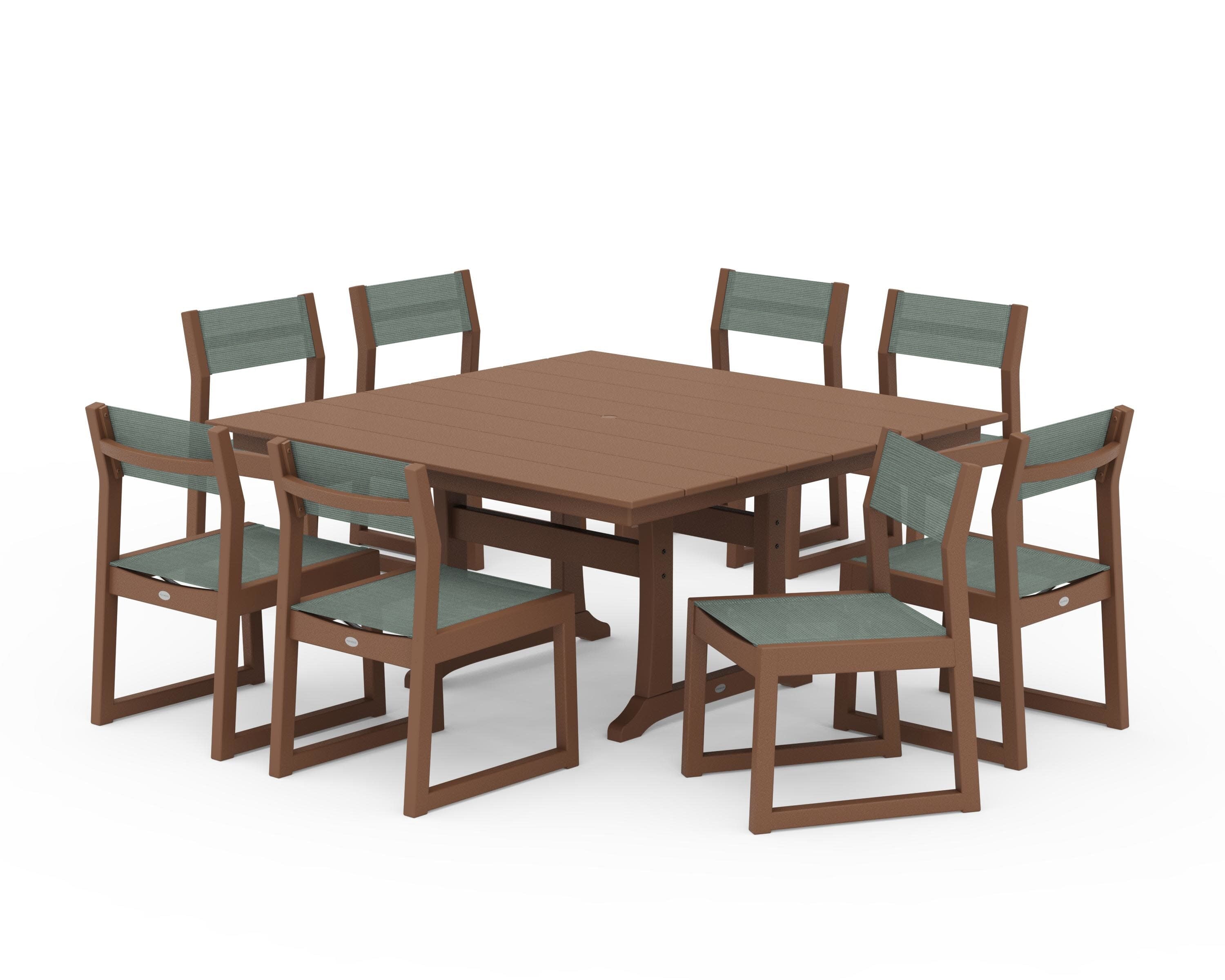 EDGE Sling Side Chair 9-Piece Farmhouse Trestle Dining Set in Teak / Dupioni Sea Mist Sling
